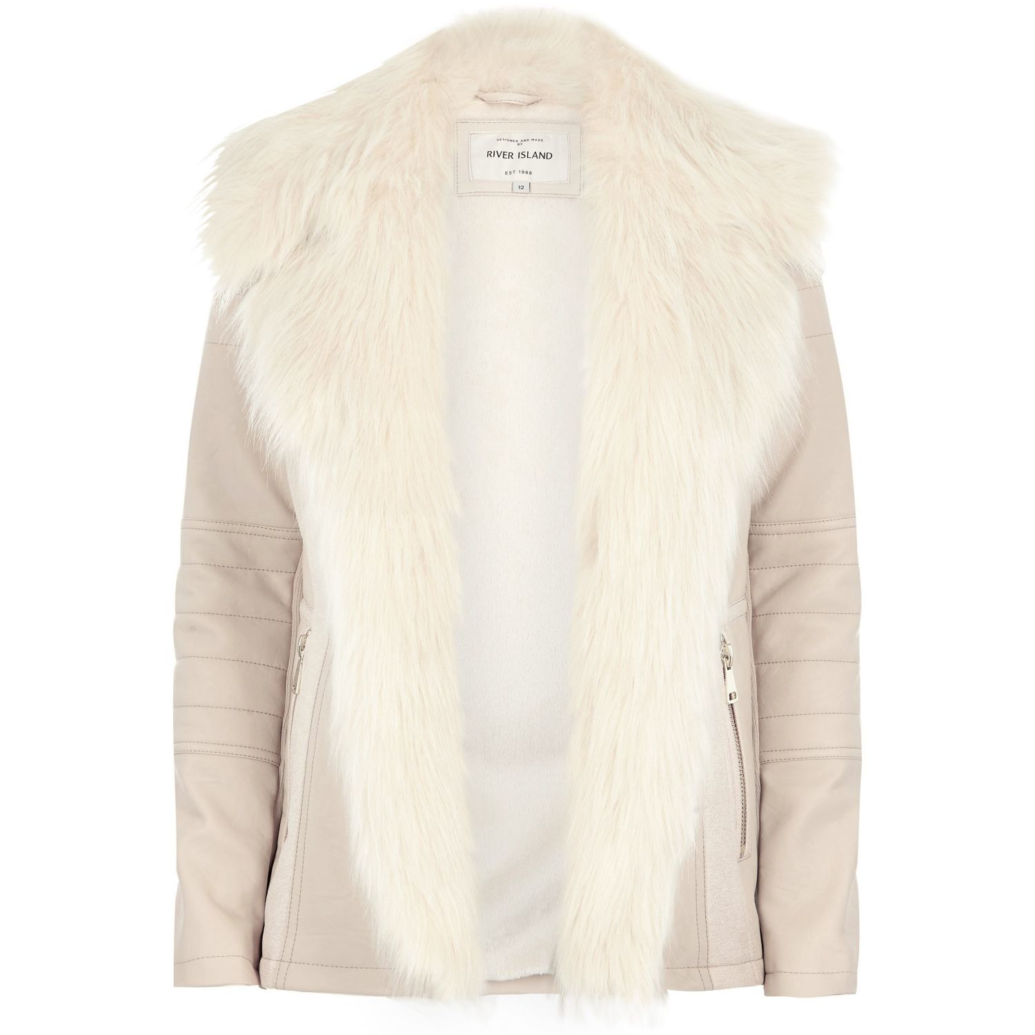 River Island Beige Faux Fur Trim Leather Look Biker Jacket In Gallery