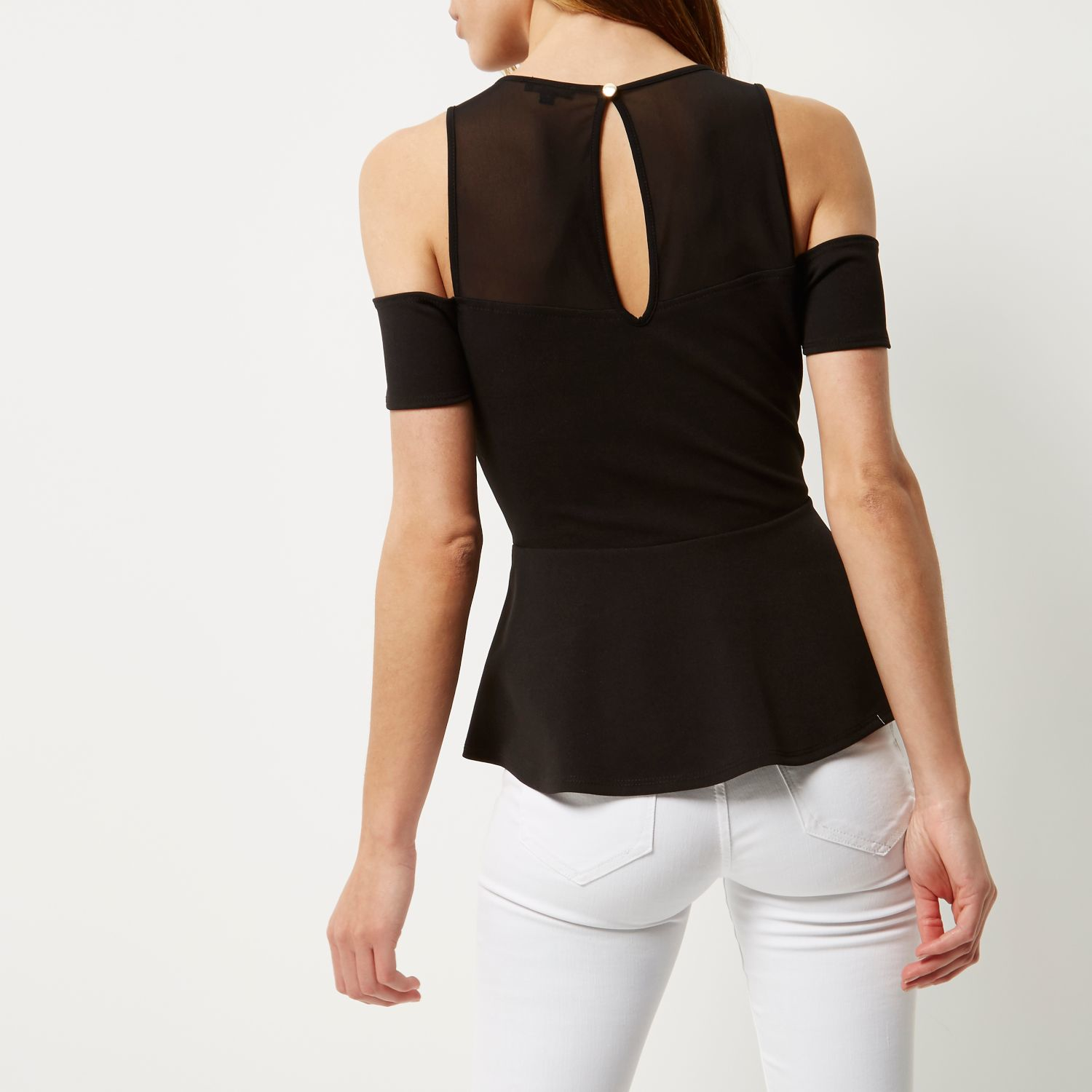 River Island Synthetic Black Mesh Cold Shoulder Peplum Top Lyst