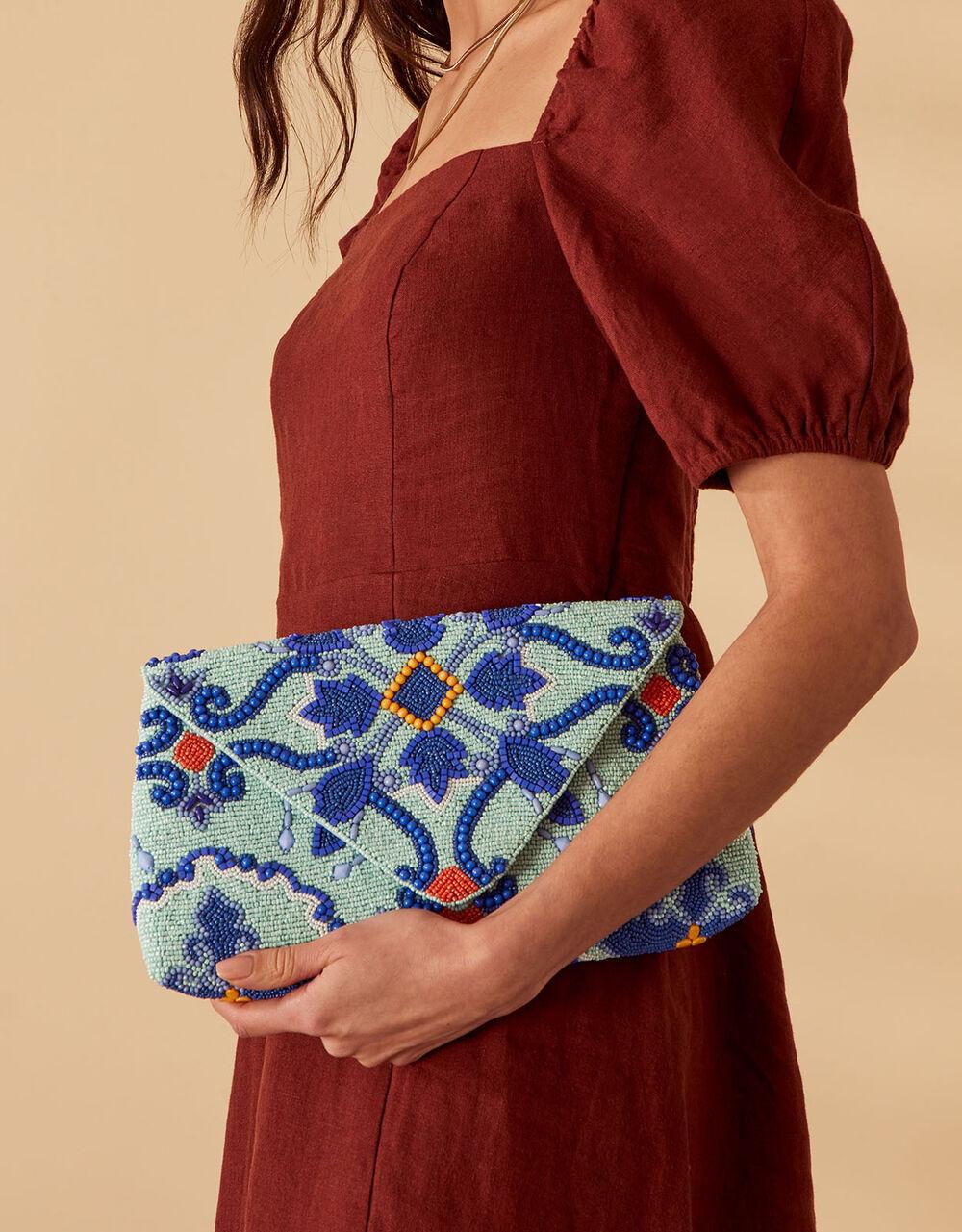 Accessorize Red Large Beaded Tile Print Clutch Bag in Blue | Lyst