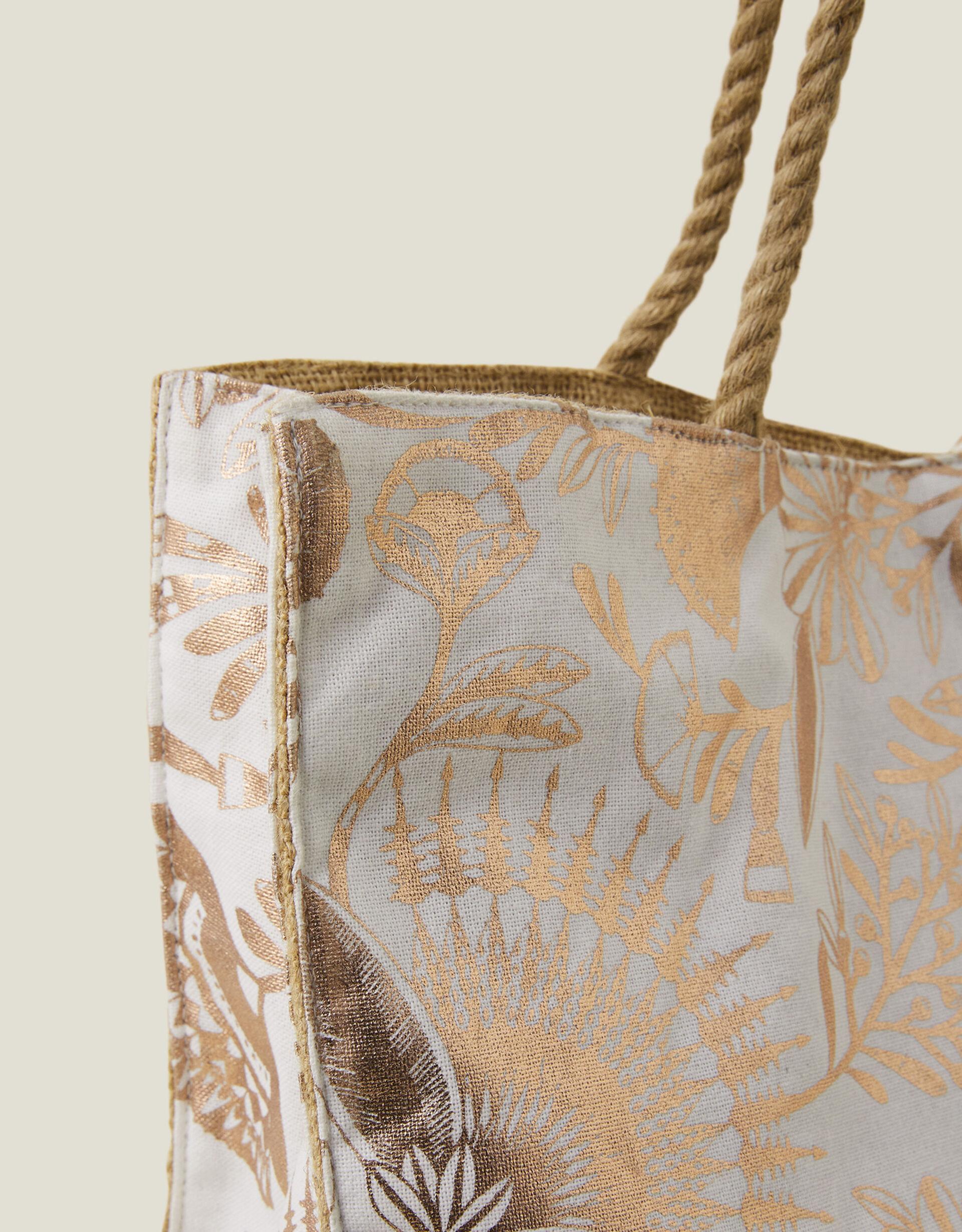 Accessorize Women s White And Gold Cotton Metallic Jute Shopper