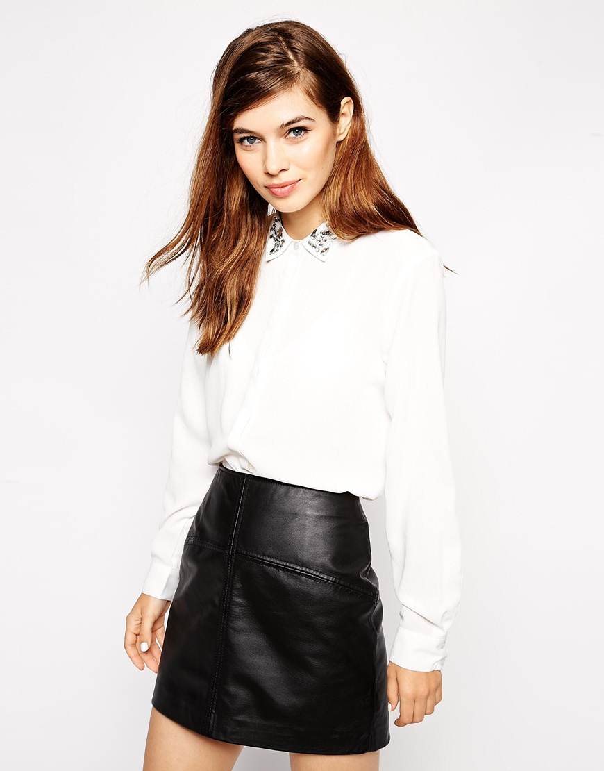 ASOS Blouse With Embellished Collar in Ivory (White) - Lyst