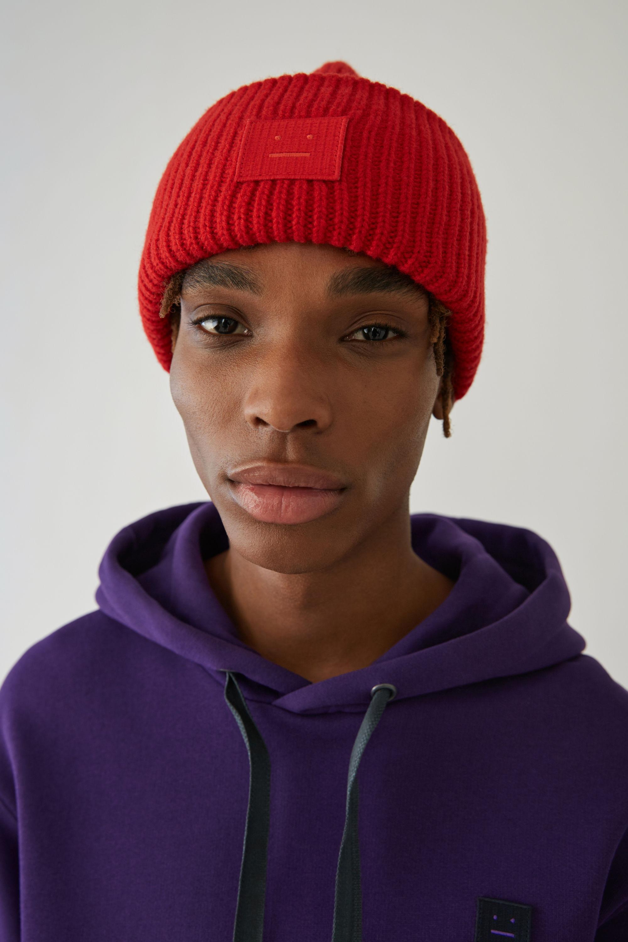 Acne Studios Wool Pansy Face Tomato Red Ribbed Beanie Hat For Men