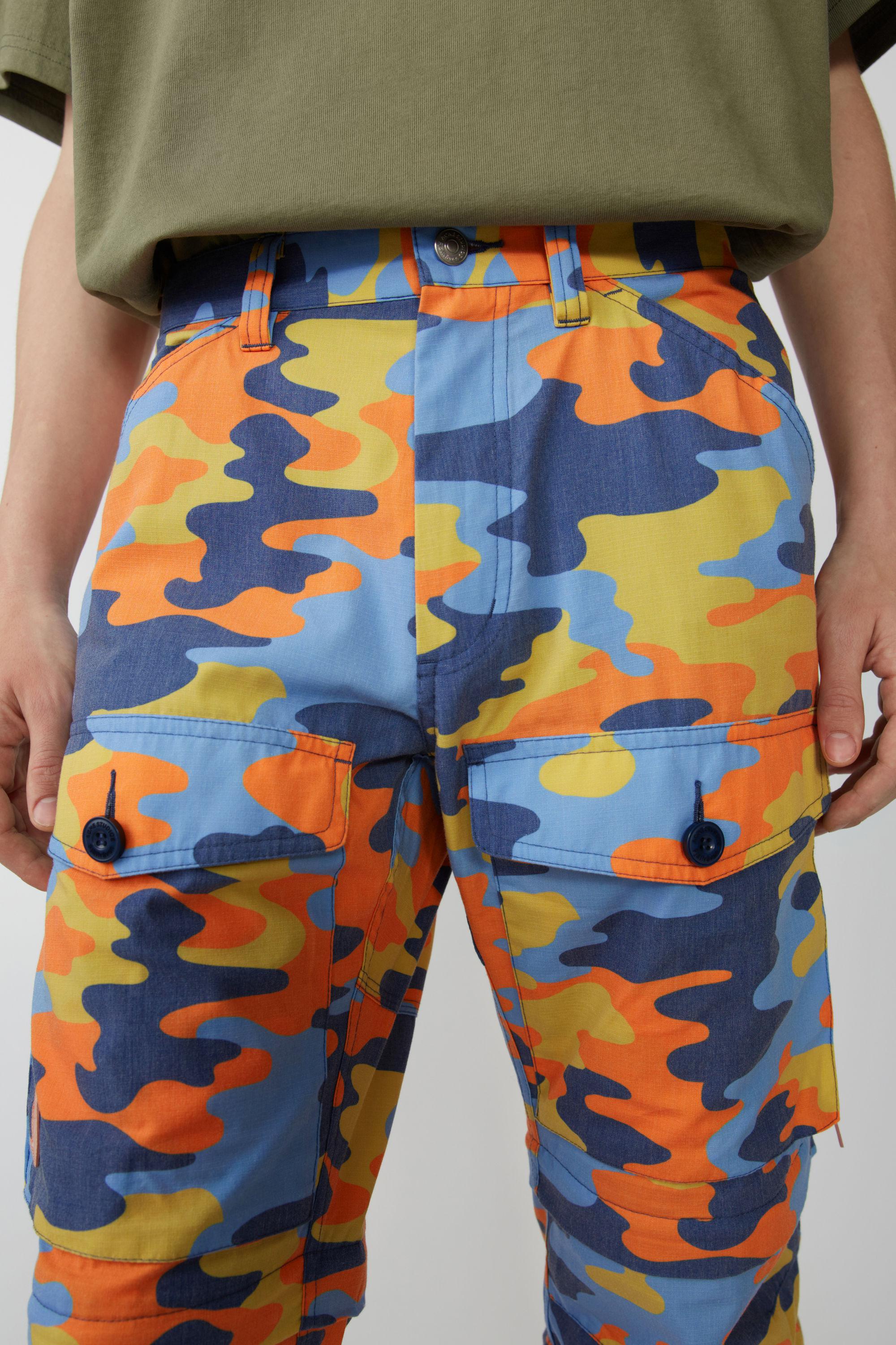 blue and orange camo pants