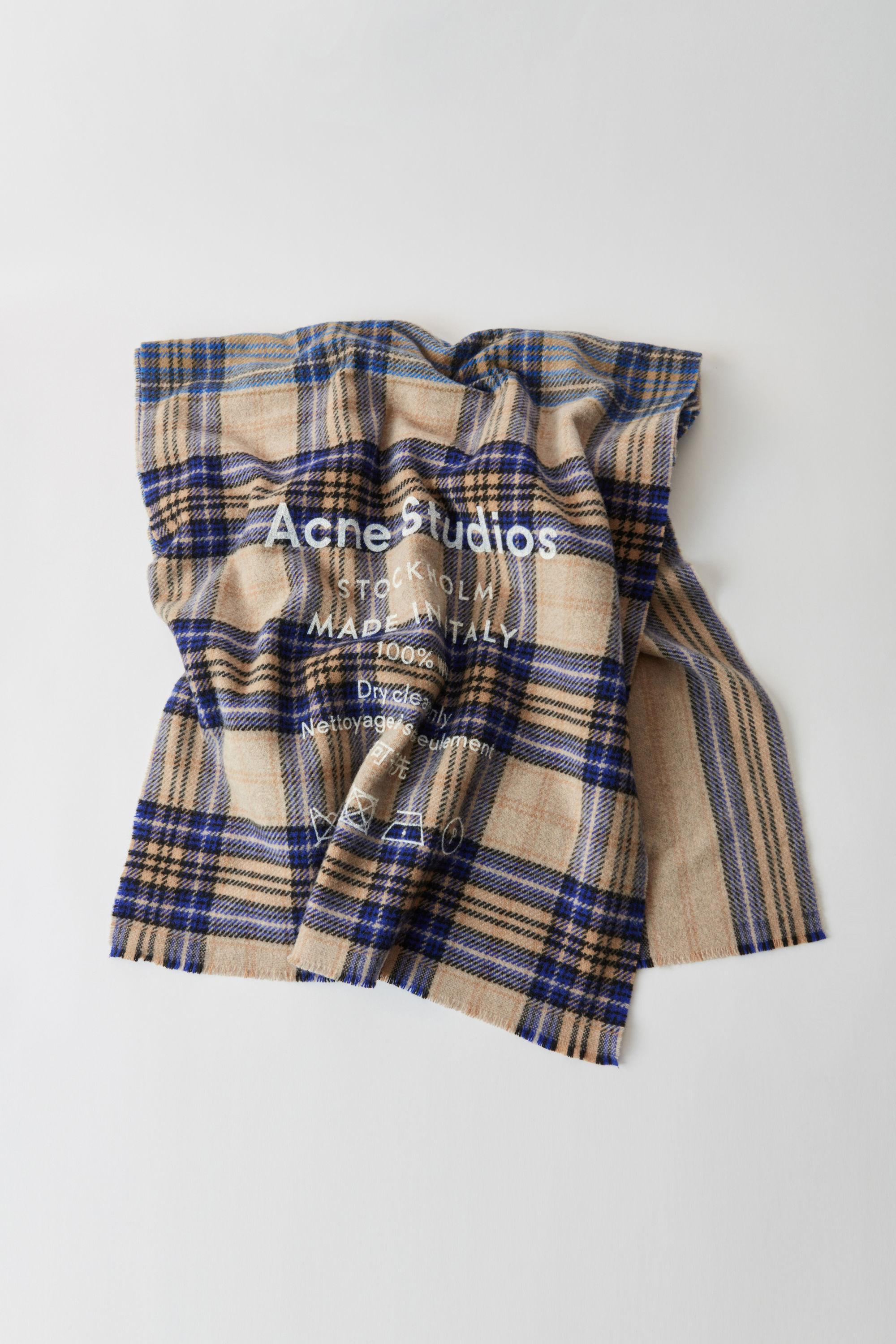 Acne Studios Wool Checked Logo Scarf In Oatmeal Beige Blue Check Blue Lyst