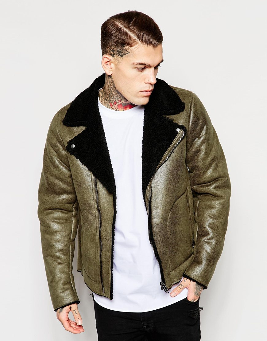 ASOS Faux Shearling Jacket In Olive in Green for Men - Lyst