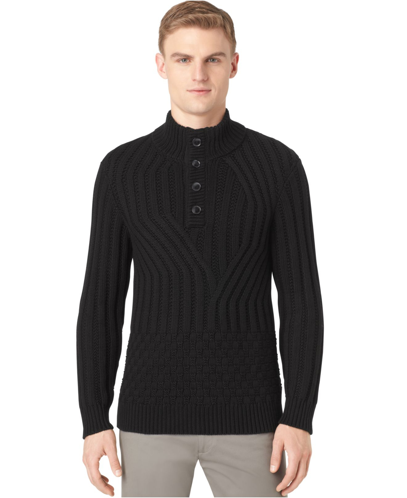 Lyst - Calvin Klein Wave And Check Knit Button Mock-Neck Sweater in ...