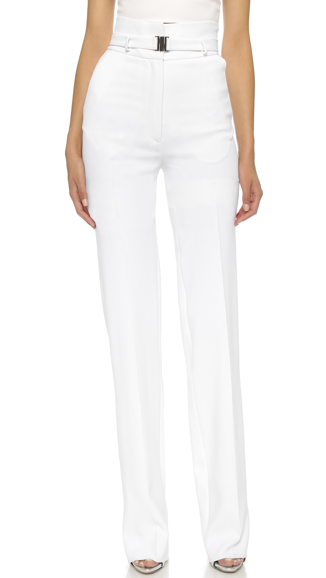 white high waisted pants with gold buttons