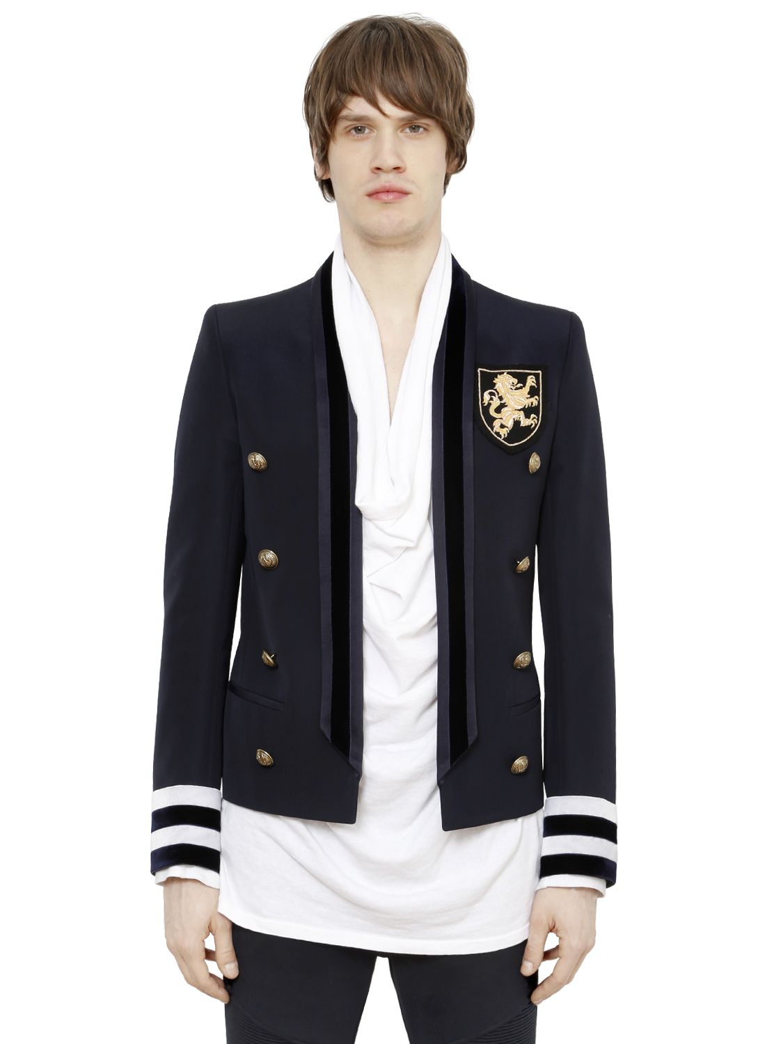 Balmain Crest Patch On Wool Gabardine Jacket in Blue for Men Lyst