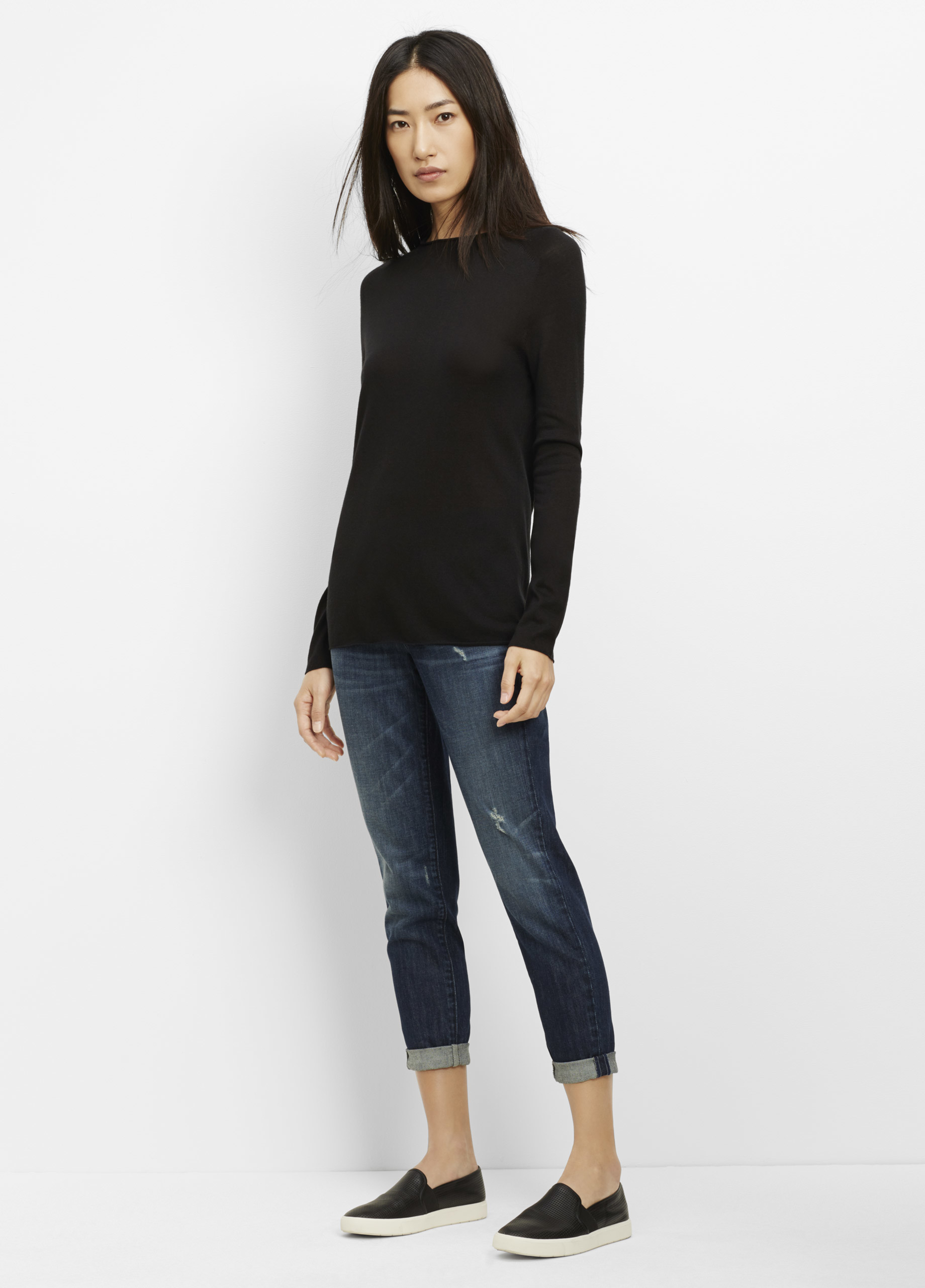 Vince Silk Cashmere Rolled Seam Funnel Neck Sweater in Black | Lyst