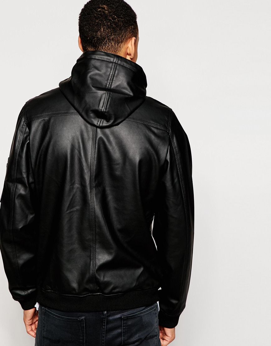 D-struct Beven Faux Leather Hooded Bomber Jacket in Black for Men