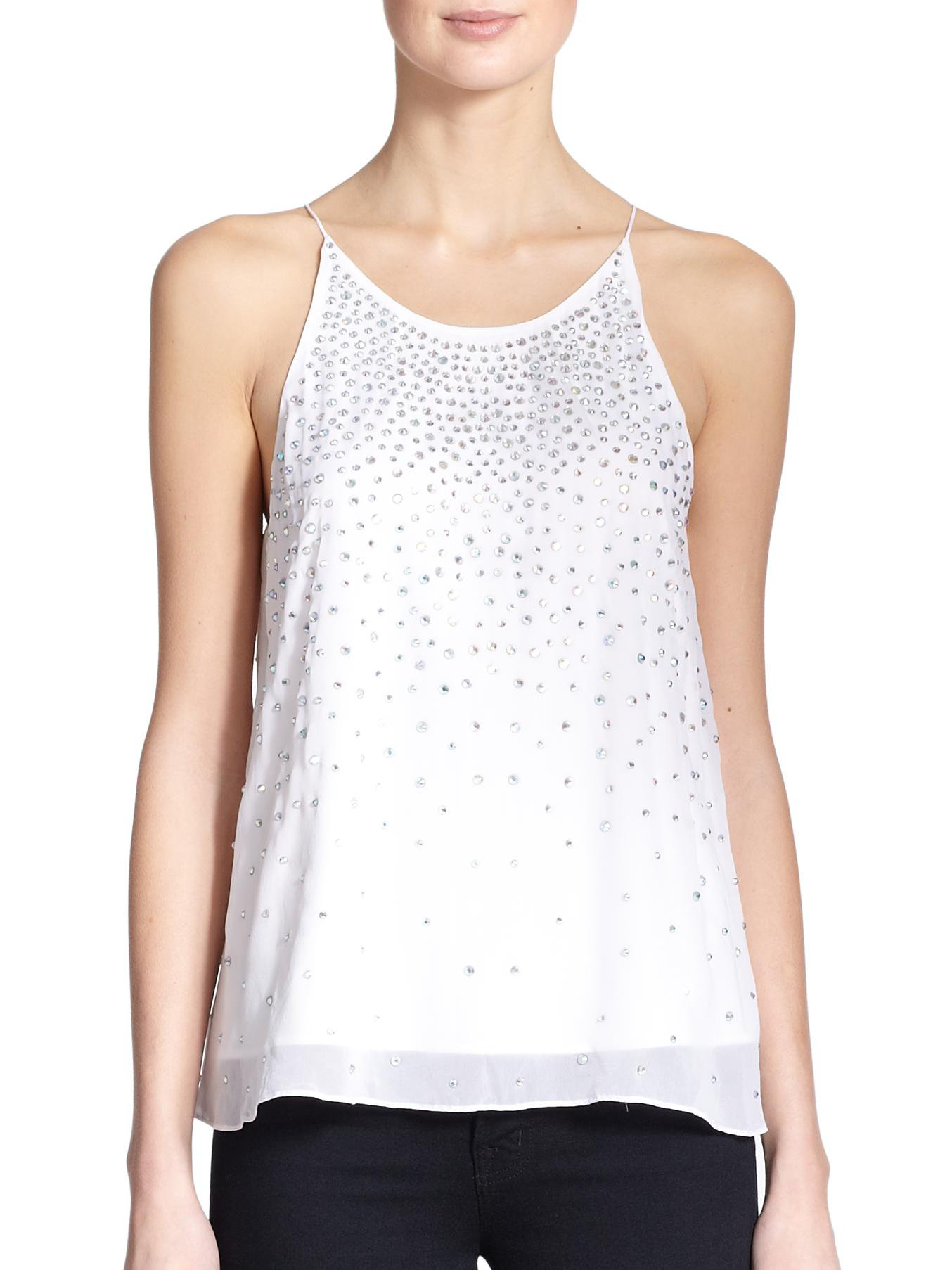 MILLY Embellished Silk Tank Top in White Lyst