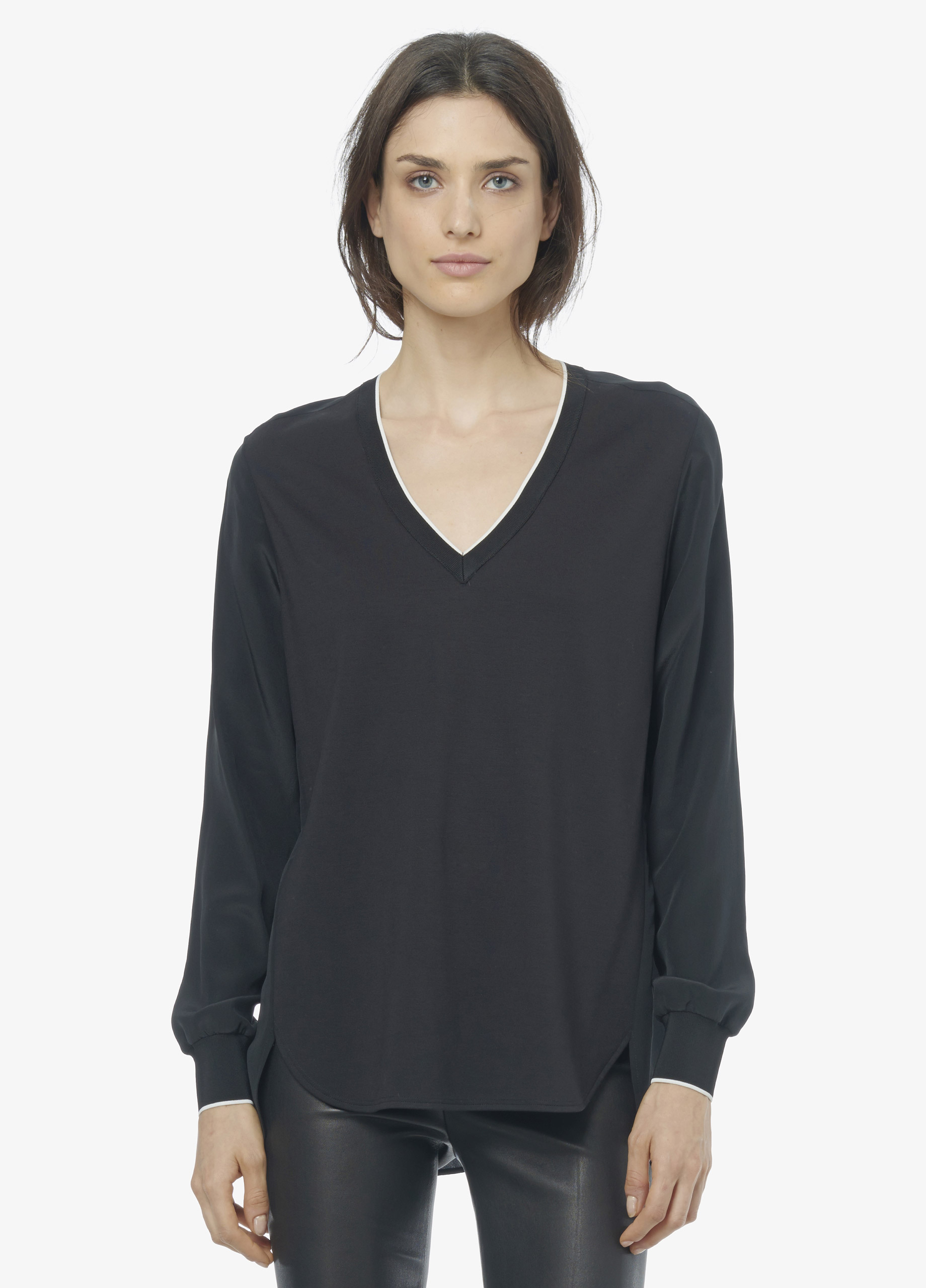 Vince Mixed Media VNeck Blouse With Contrast Tipping in Black (Black