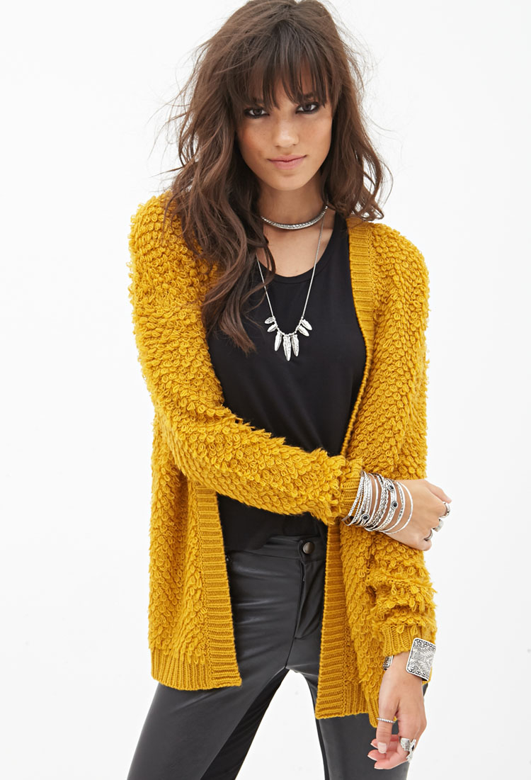Forever 21 Shaggy Open Front Cardigan  in Yellow MUSTARD  