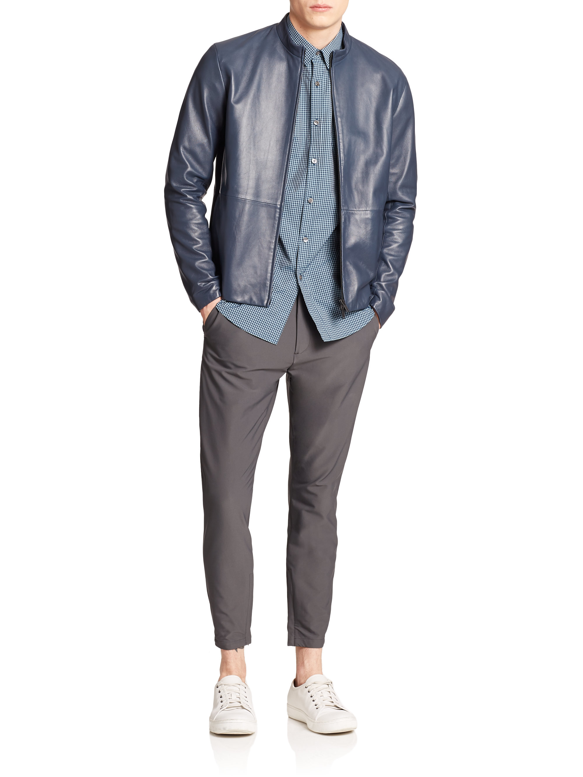 Theory Standcollar Leather Jacket in Blue for Men Lyst