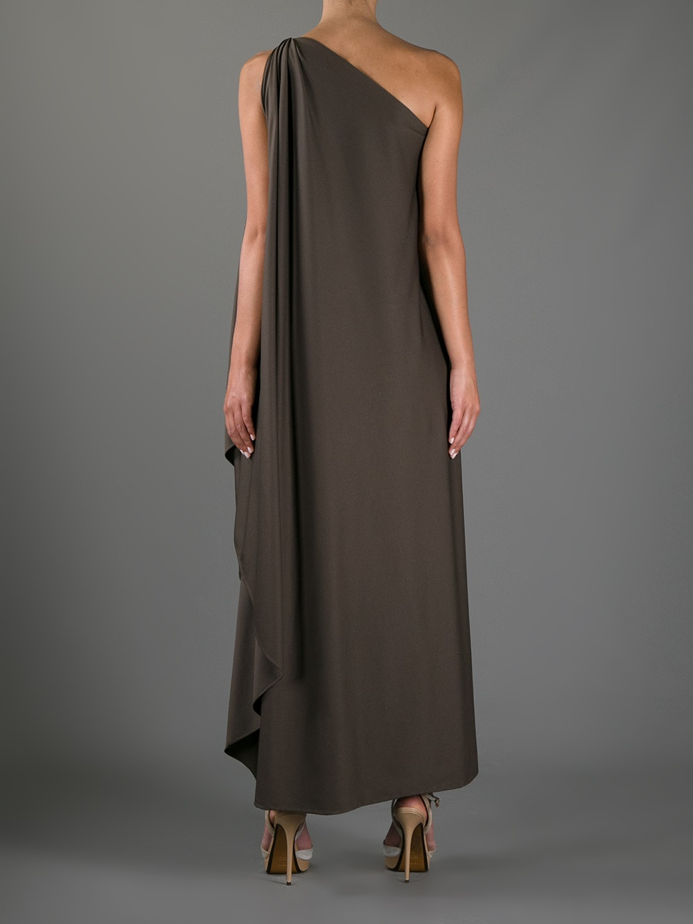 Halston One Shoulder Toga Dress in Brown | Lyst