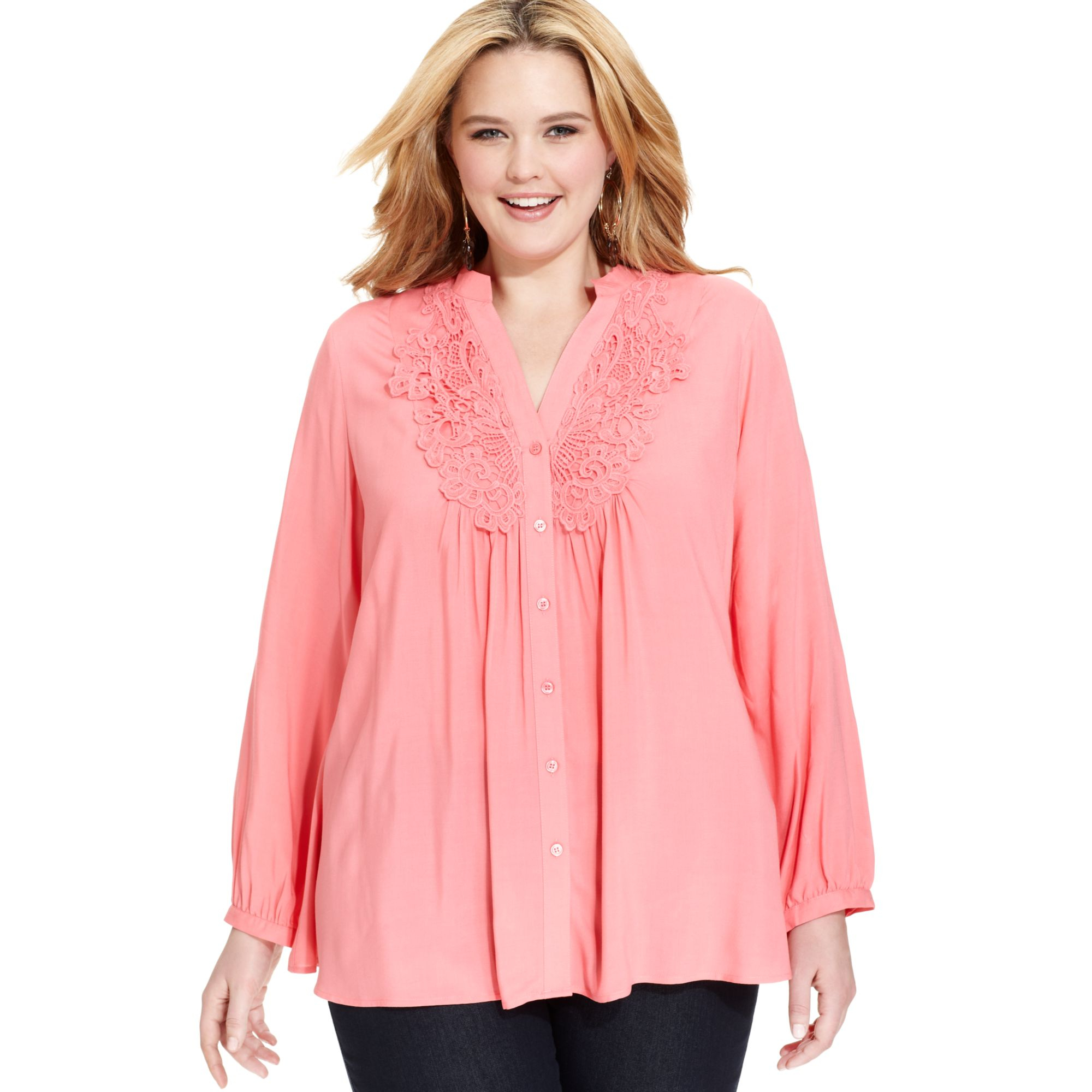Spense Plus Size Longsleeve Crochet Blouse in Pink (Lip Blush) | Lyst