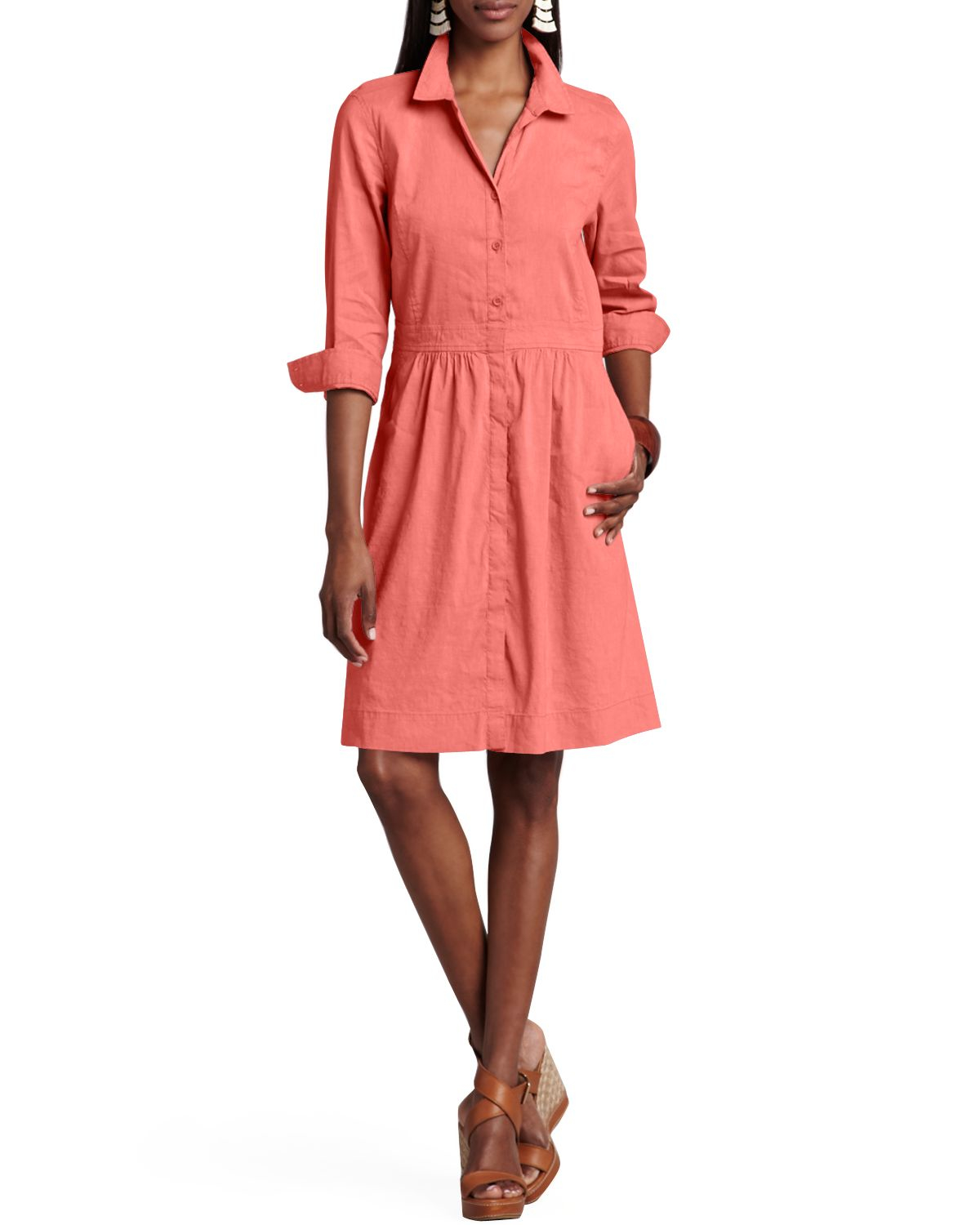 Eileen fisher 3/4-sleeve Linen-blend Shirtdress in Pink (CORAL) | Lyst