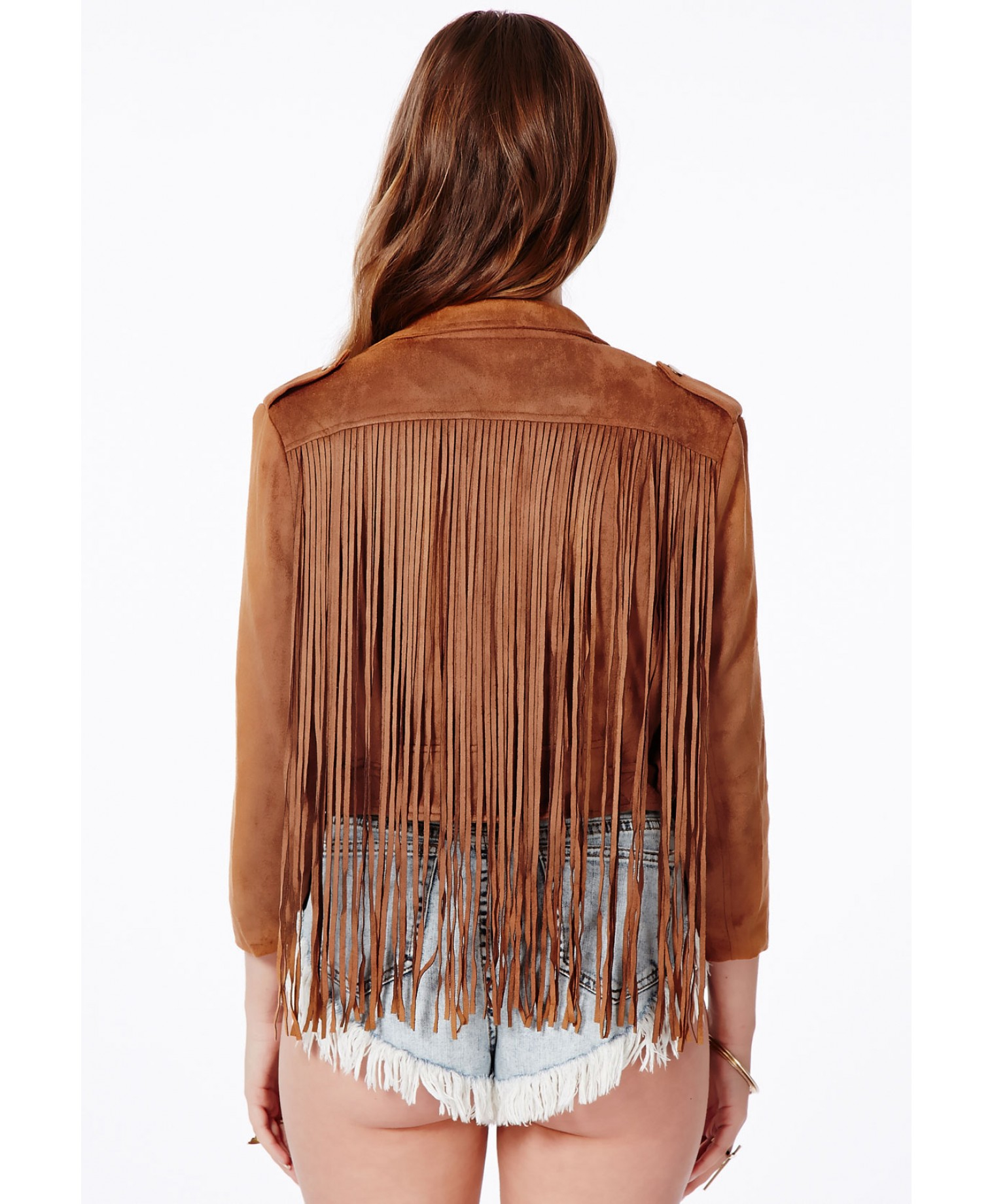 Missguided Diamanta Suede Biker Jacket With Tassels in Brown Lyst