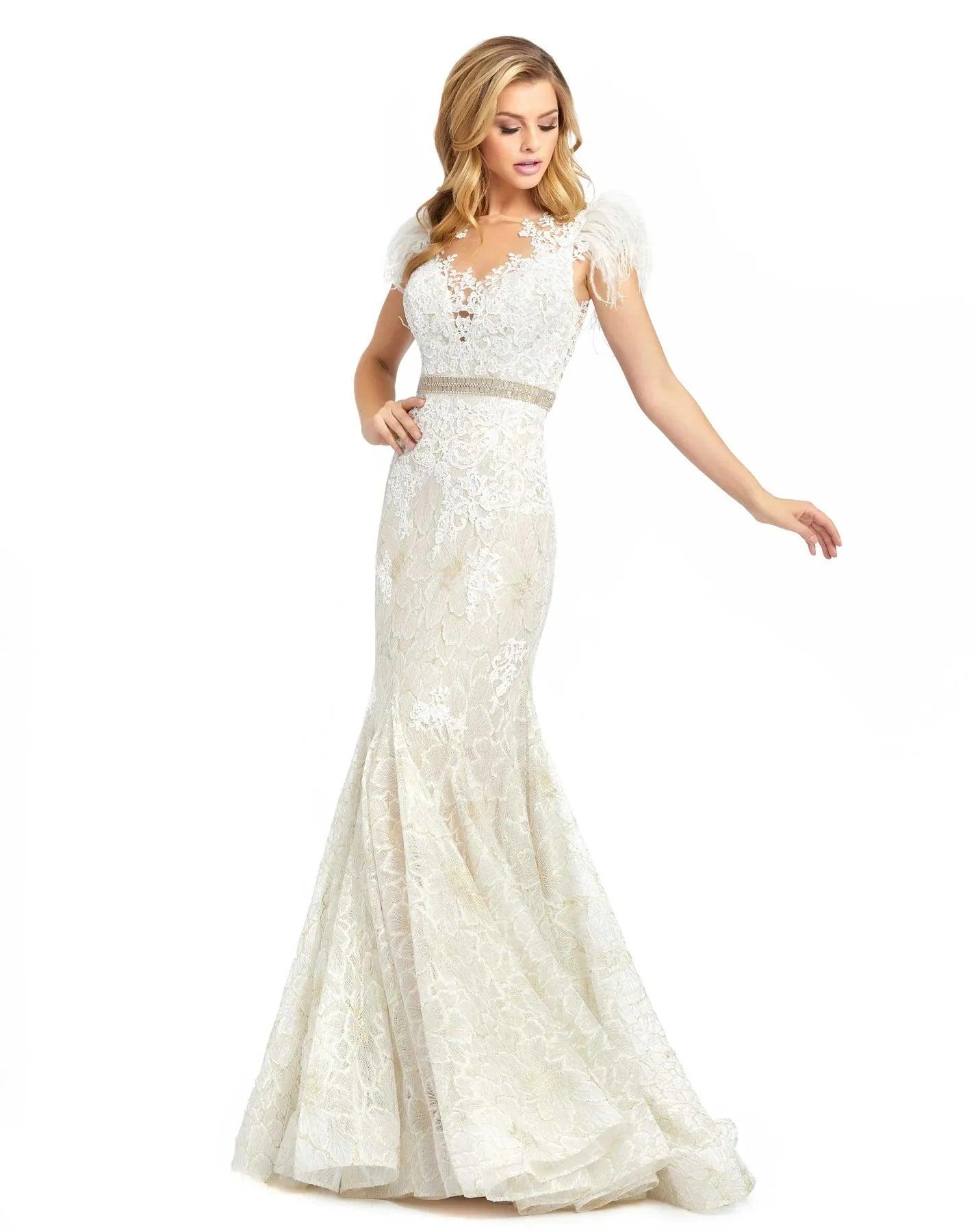 Mac Duggal Sheer Beaded Gown in White | Lyst