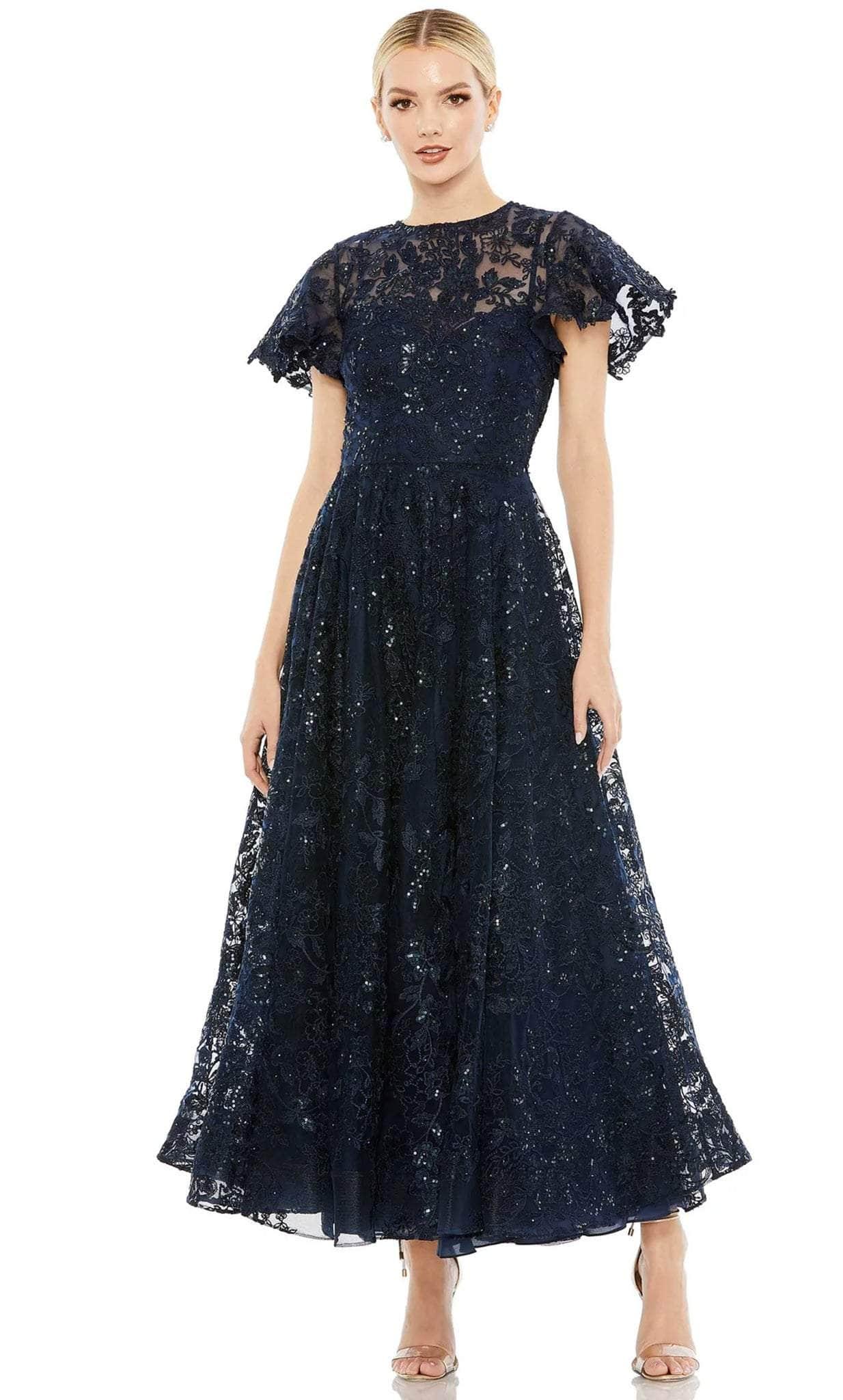 Mac Duggal 50665 Floral Lace Jewel Neck Midi Dress in Blue | Lyst