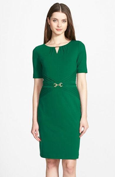 Ellen Tracy Embellished Pleated Jersey Sheath Dress in Green (EMERALD ...