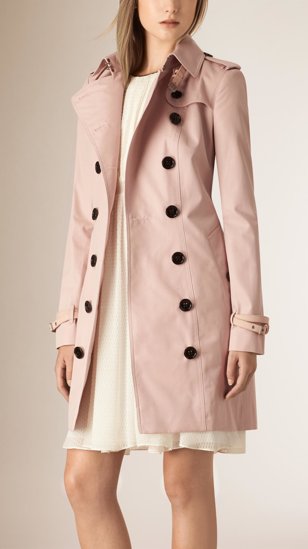 Burberry Leather Trim Cotton Gabardine Trench Coat in Pink (ice pink ...
