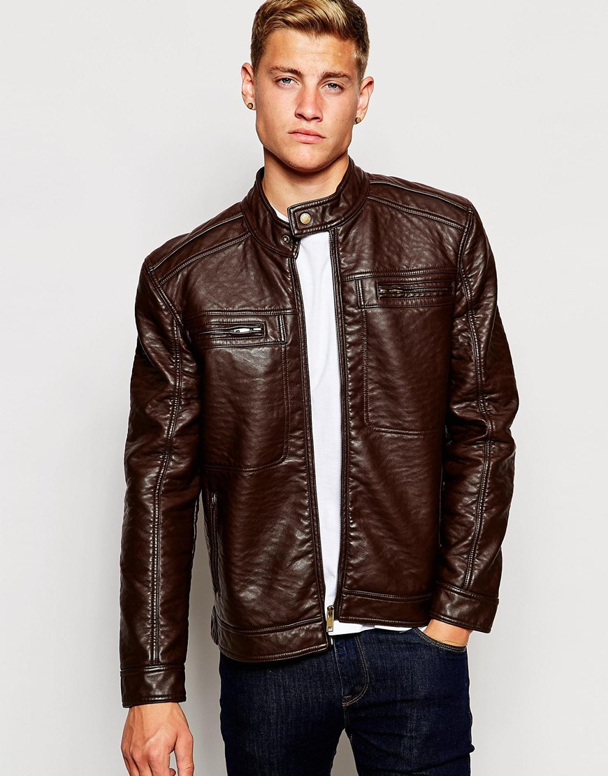 Brave Soul Premium Faux Leather Biker Jacket in Brown for Men | Lyst