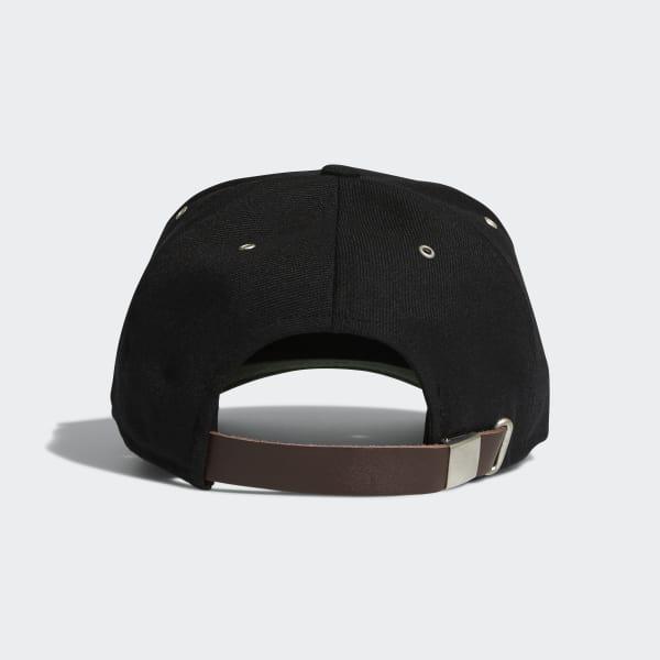 black hat with leather strap