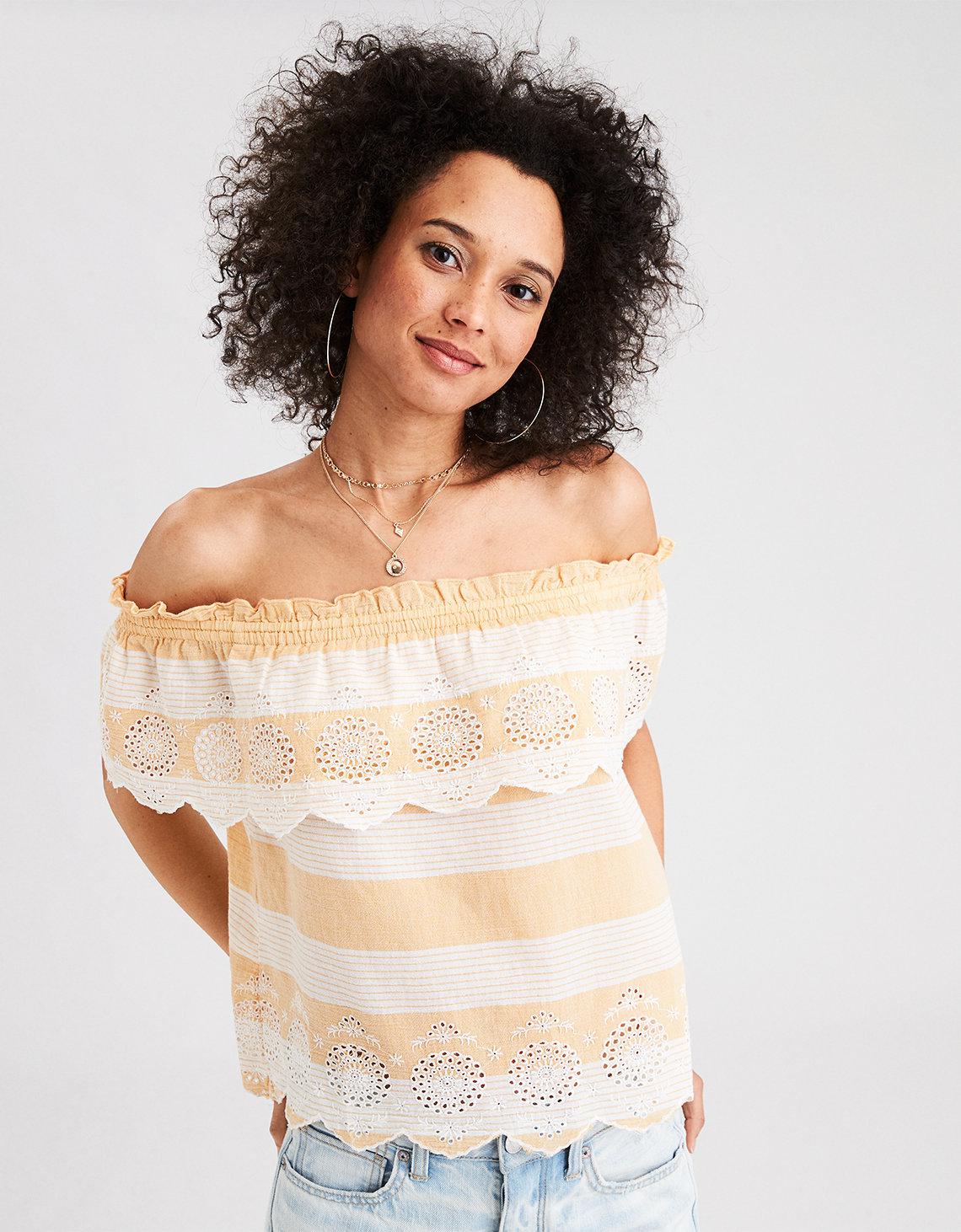 yellow striped off the shoulder top