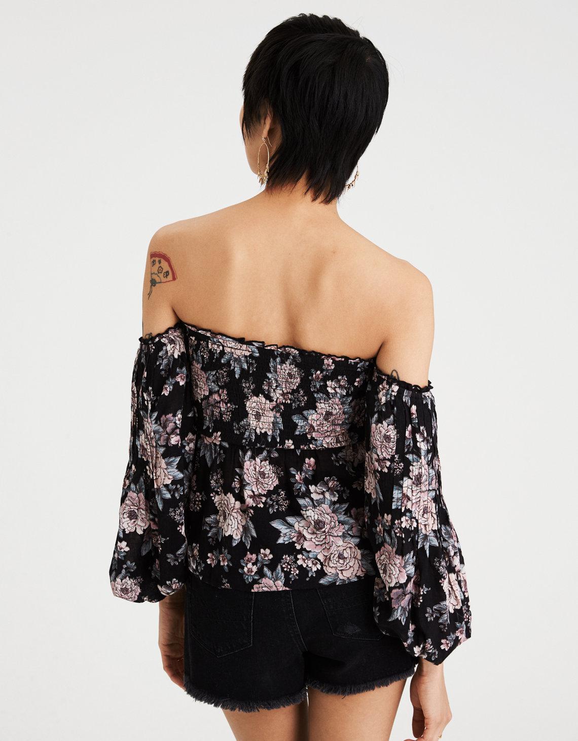 ae smocked off the shoulder top