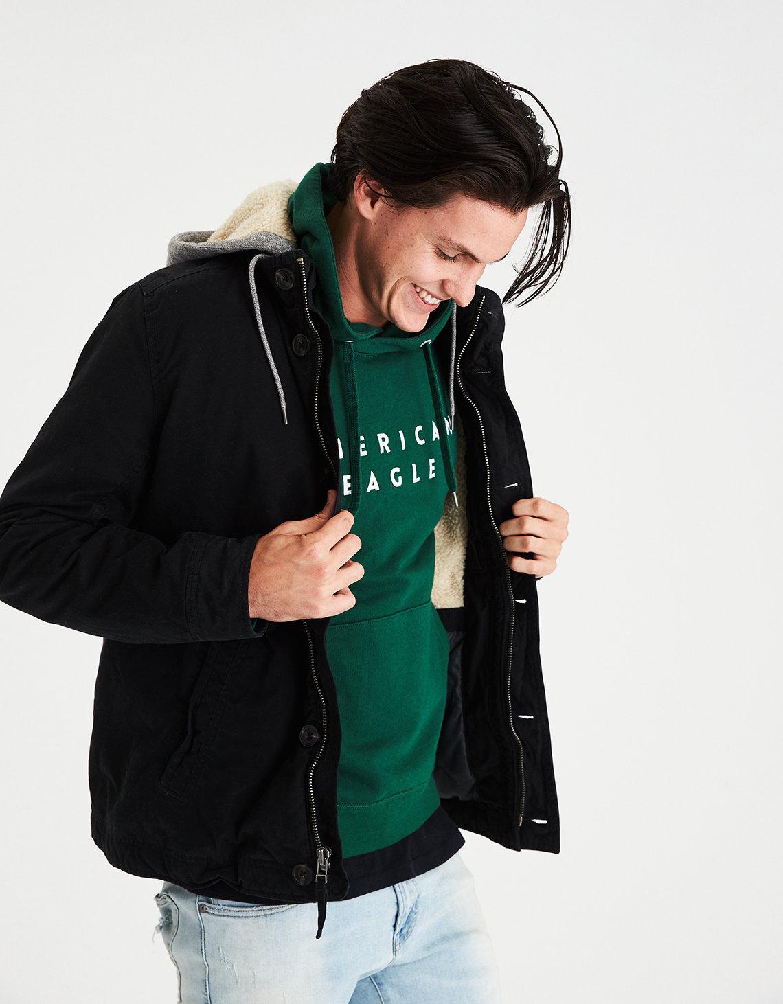 Workwear Jacket Black American Eagle Jacket Ae Sherpa Lined Hooded