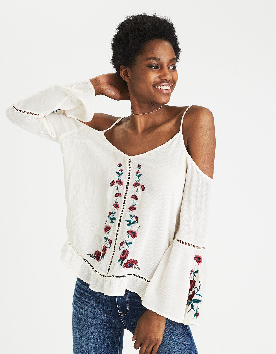 American Eagle Synthetic Cold Shoulder Embroidered Top Lyst