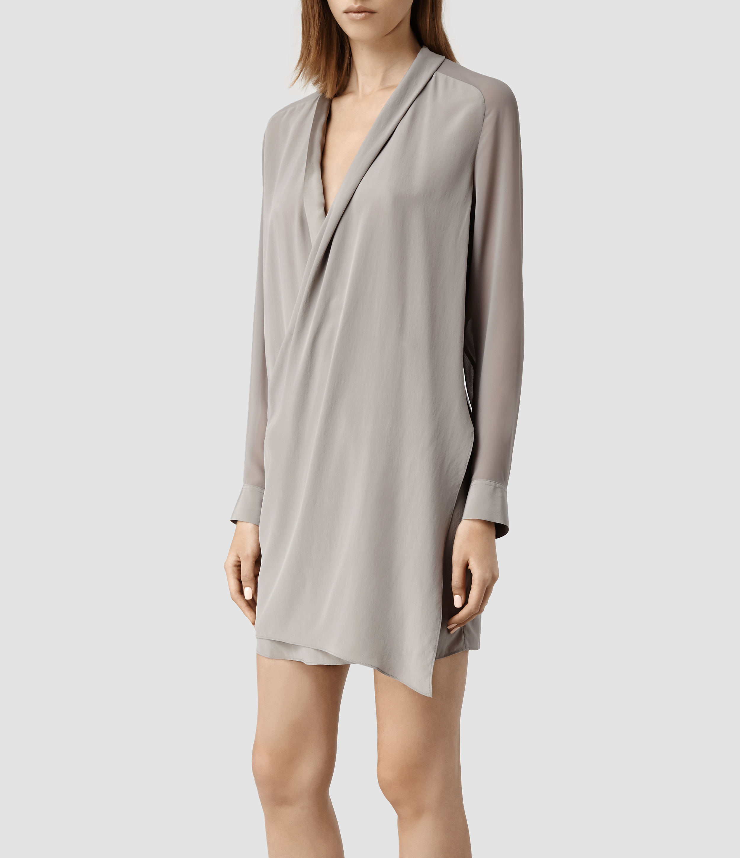 AllSaints Lucas Shirt Dress in Taupe 