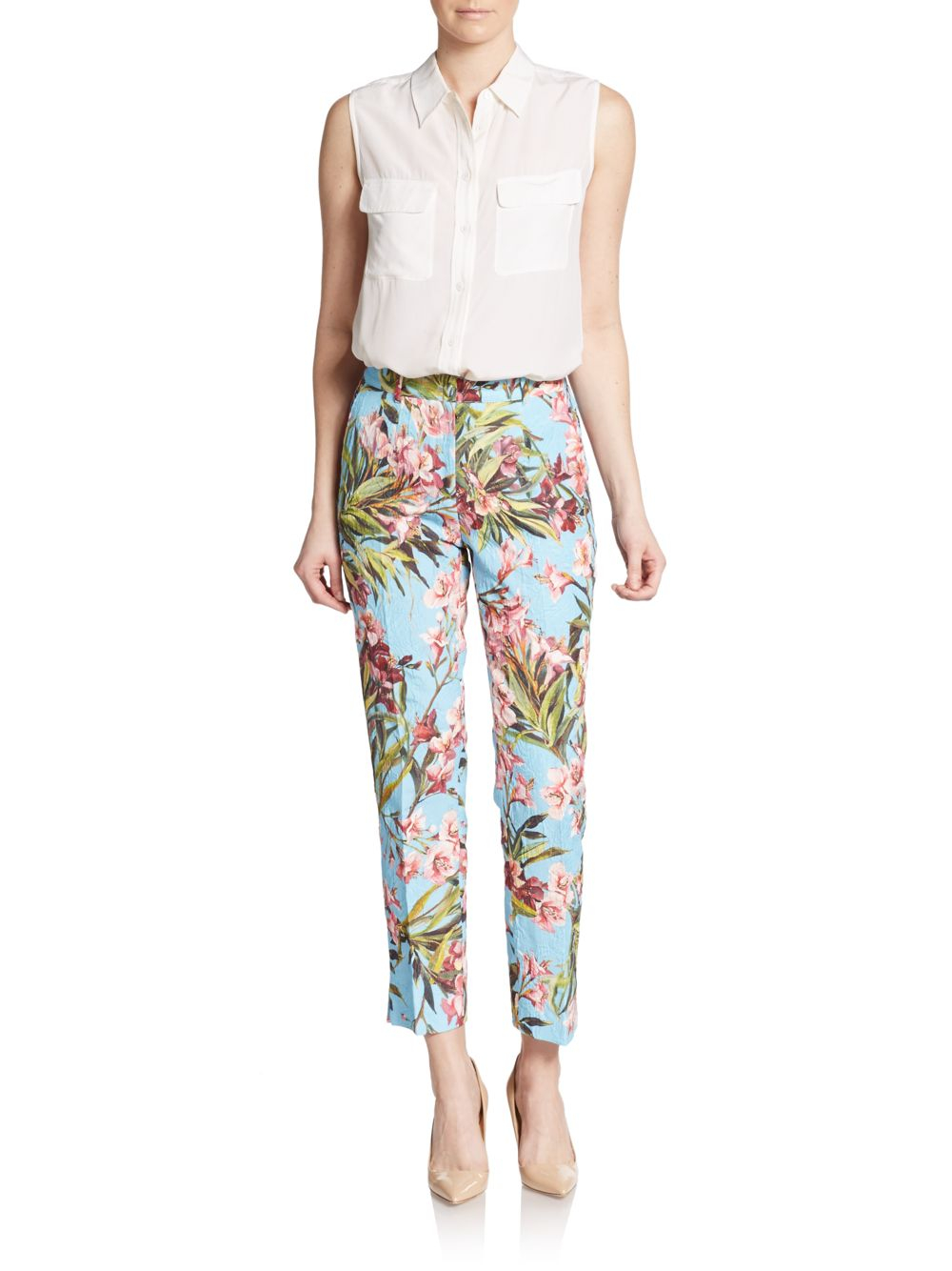 Dolce & Gabbana Cropped Floral-Print Pants in Blue - Lyst