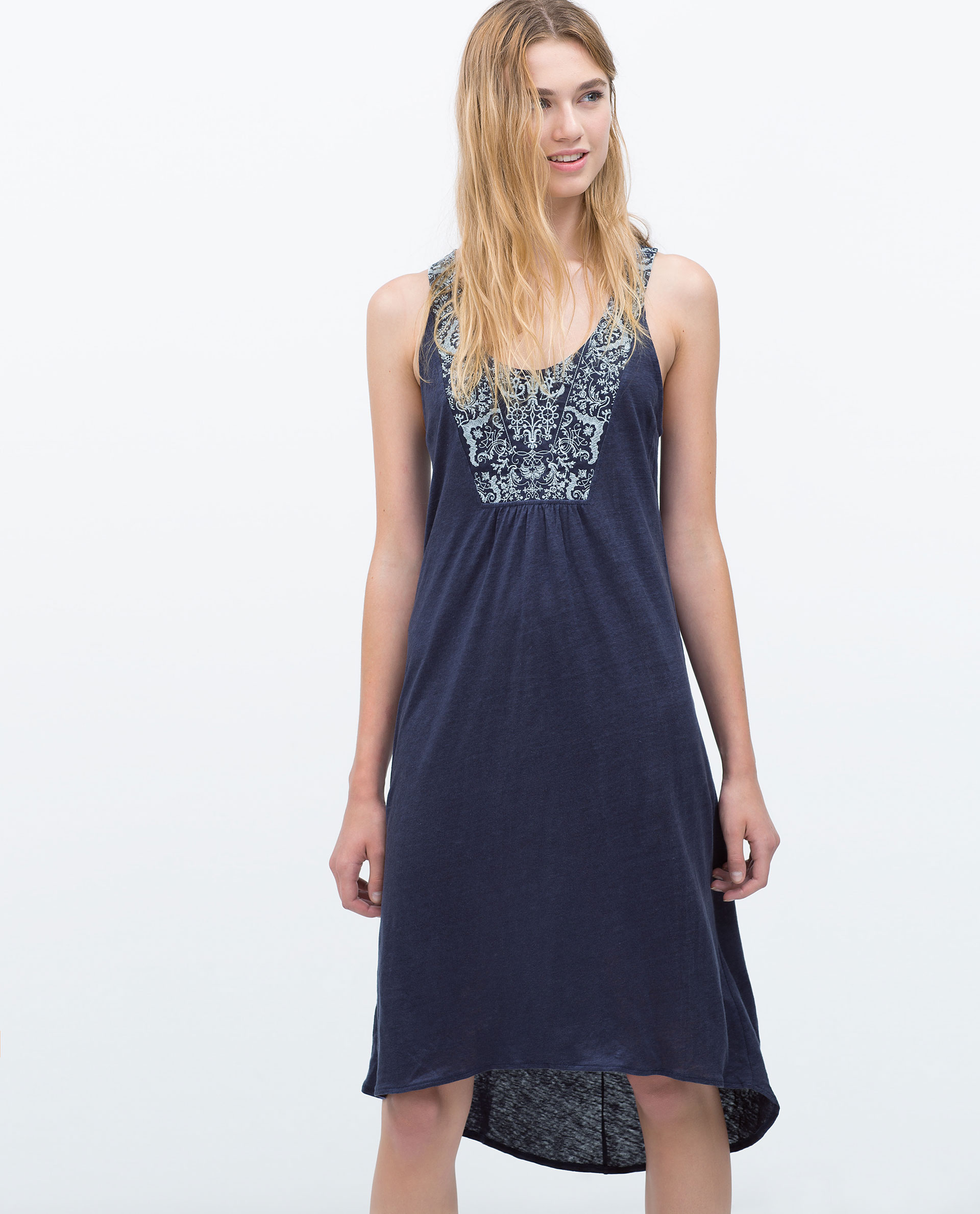 Zara Embroidered Bib Front Dress Embroidered Bib Front Dress in Blue