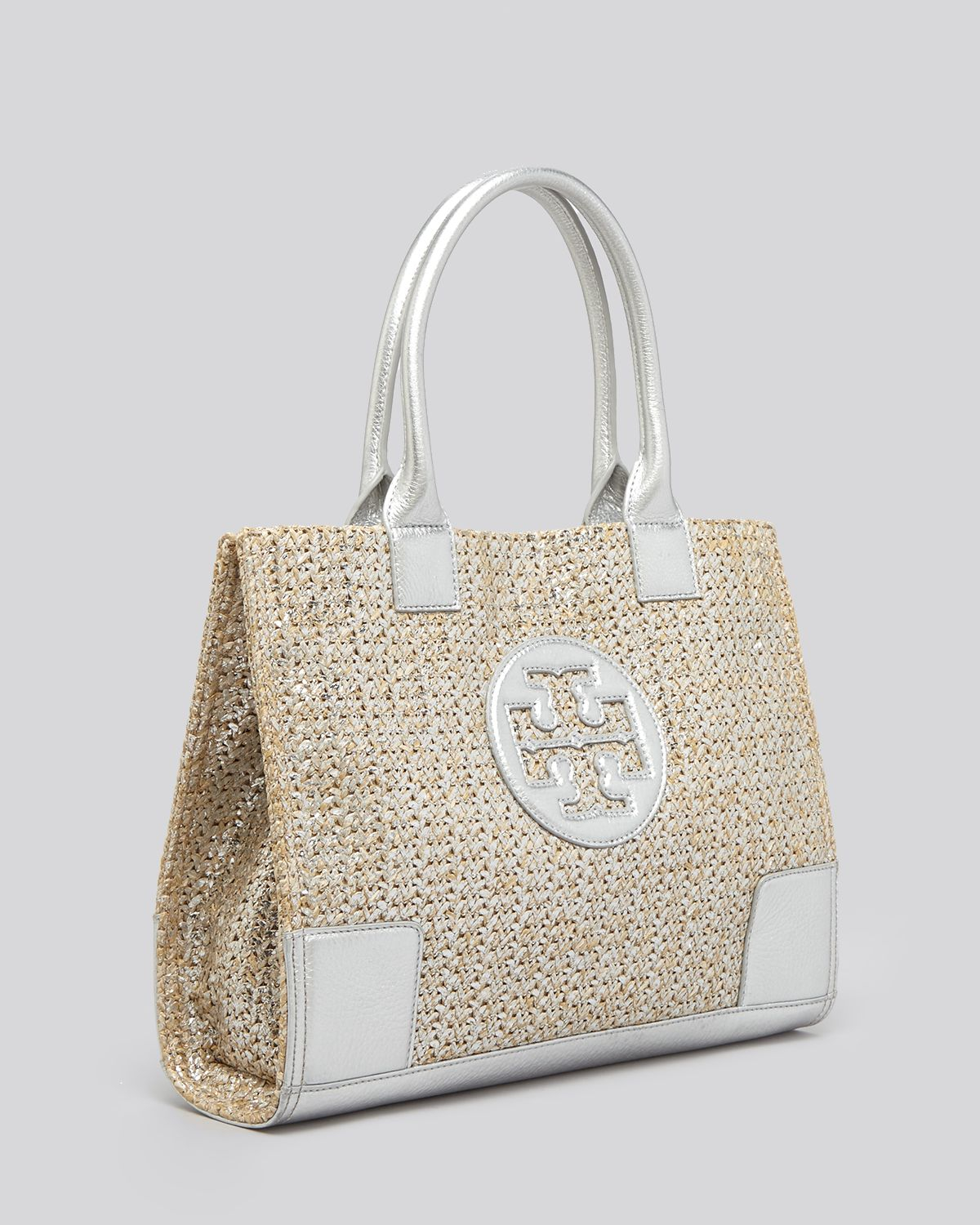 tory burch ella metallic straw tote
