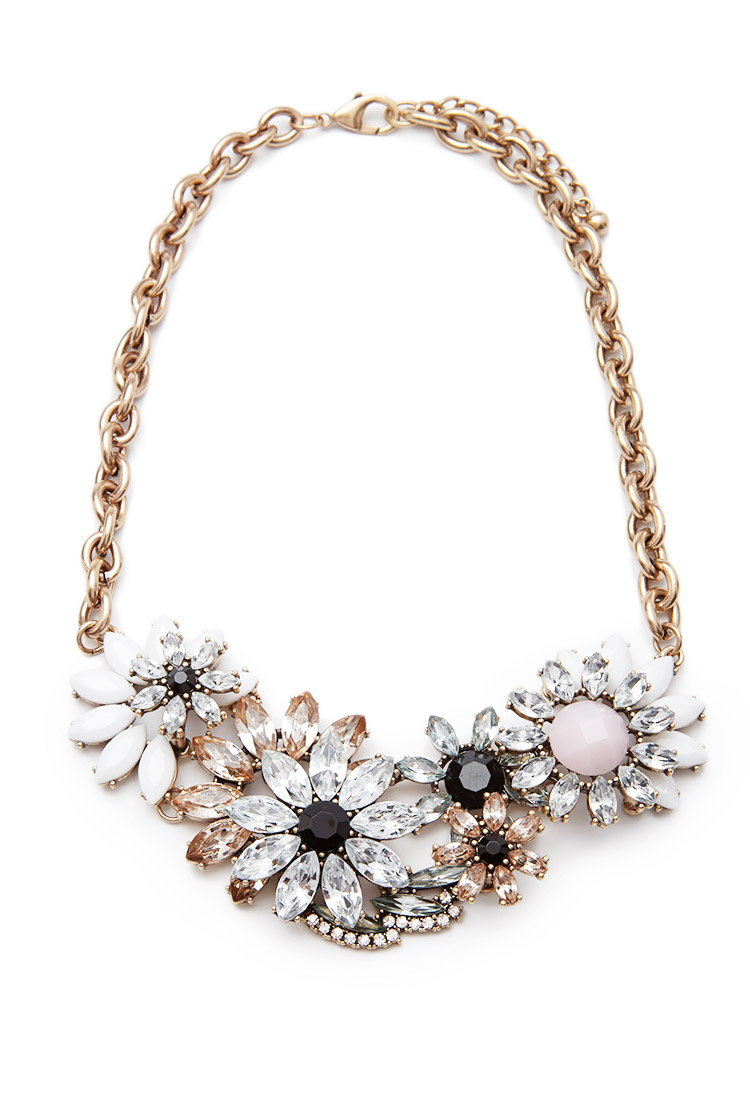 Forever 21 Faux Gem Floral Statement Necklace in Metallic