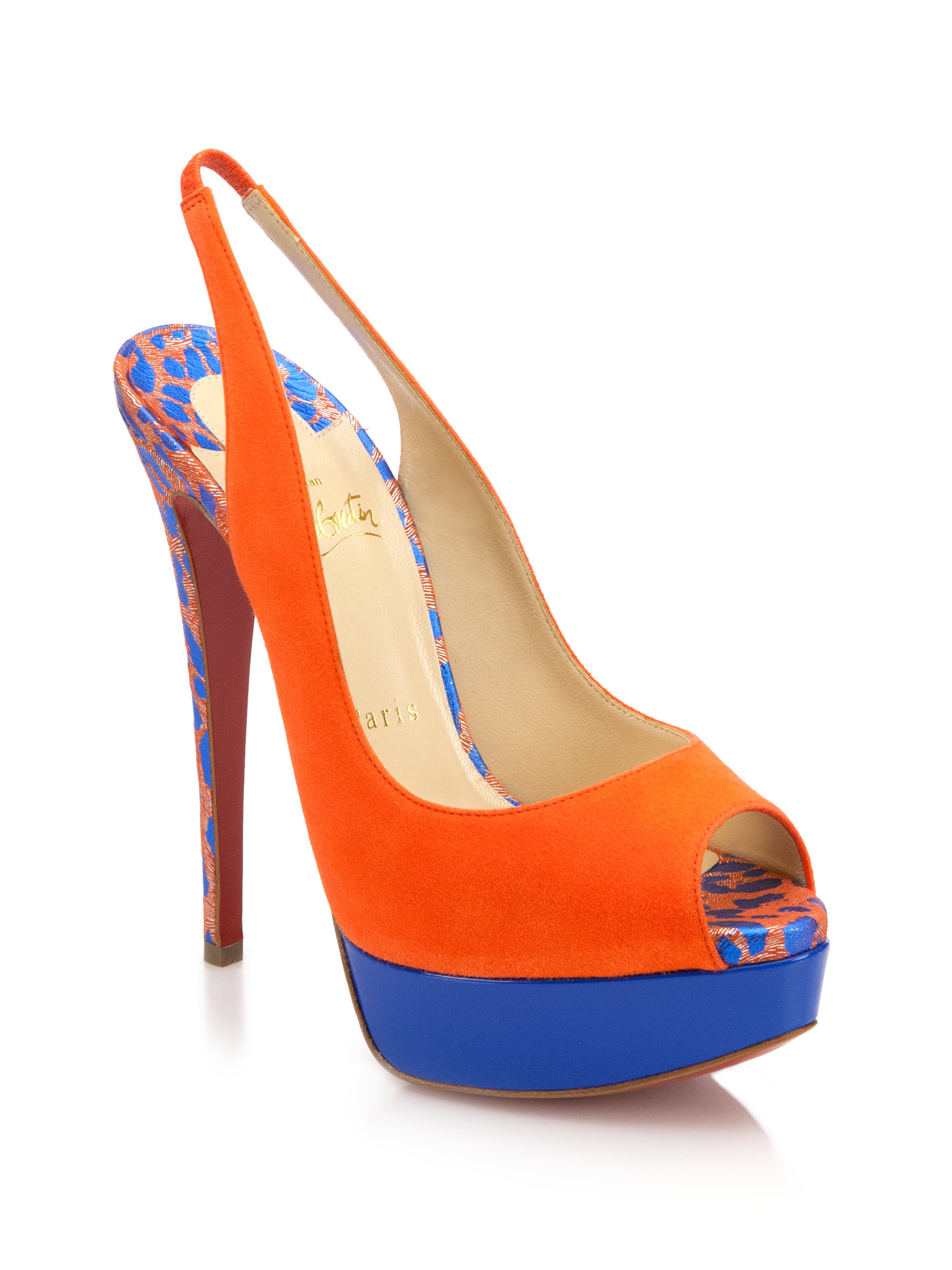 Christian Louboutin Colorblock Suede Peep-Toe Slingback Pumps in Orange |  Lyst