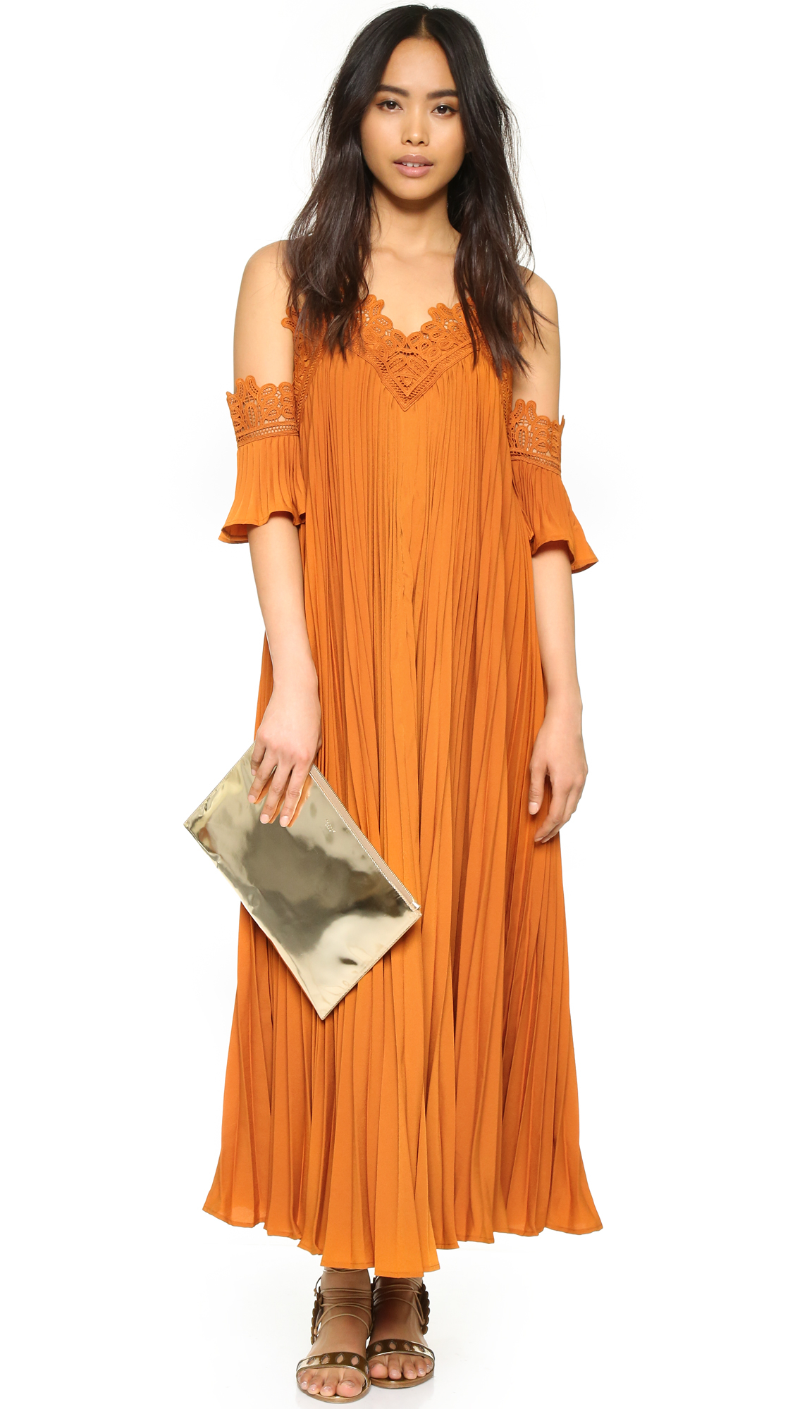 self portrait orange off shoulder pleated chiffon dress