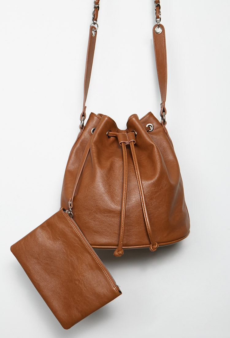Forever 21 Faux Leather Drawstring Bucket Bag in Tan (Brown) - Lyst