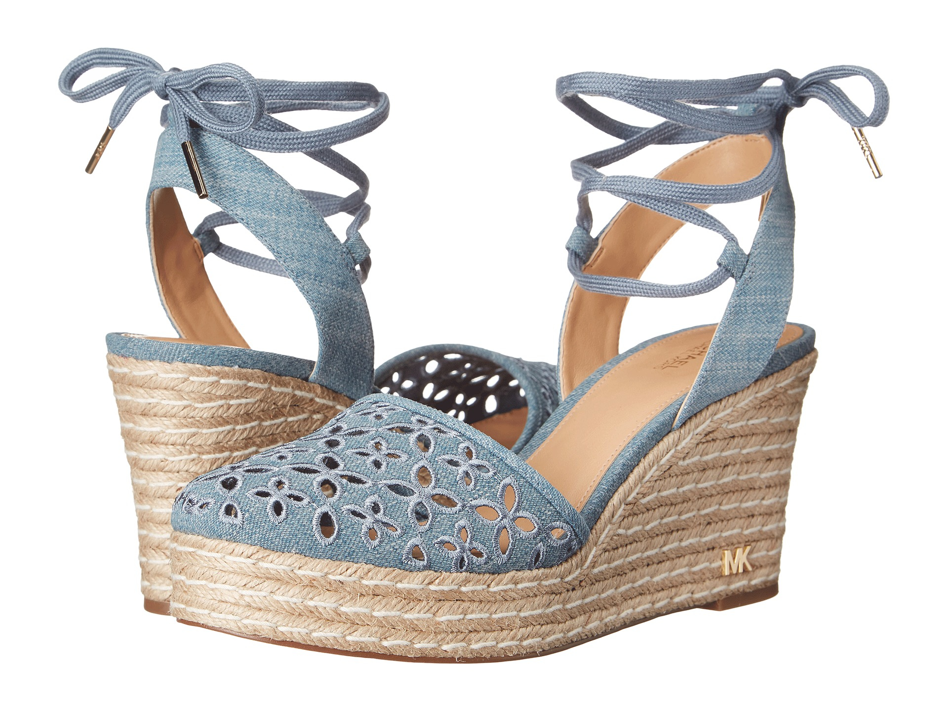 denim closed toe wedges
