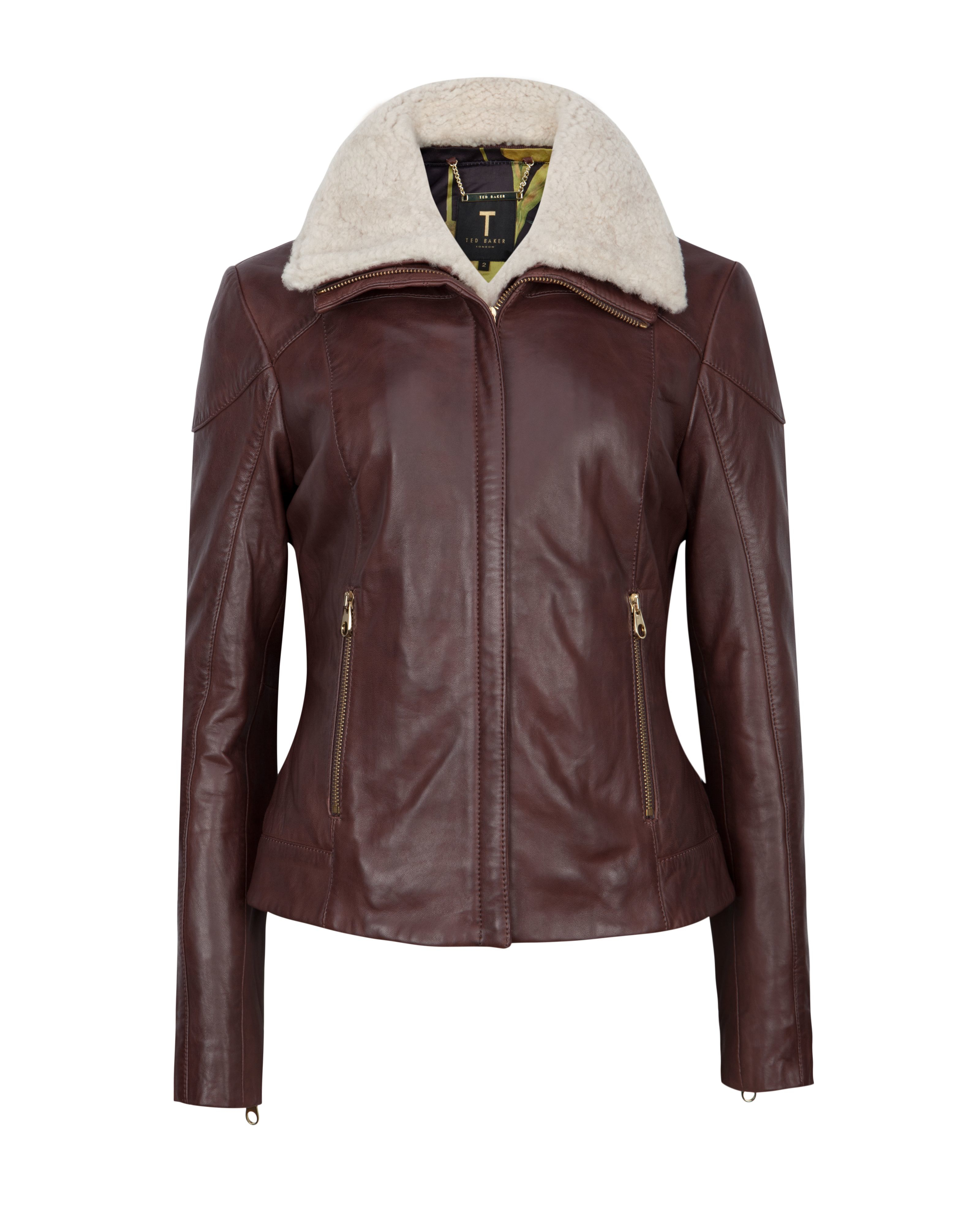 Ted baker Ciel Shearling Trim Leather Jacket in Brown | Lyst