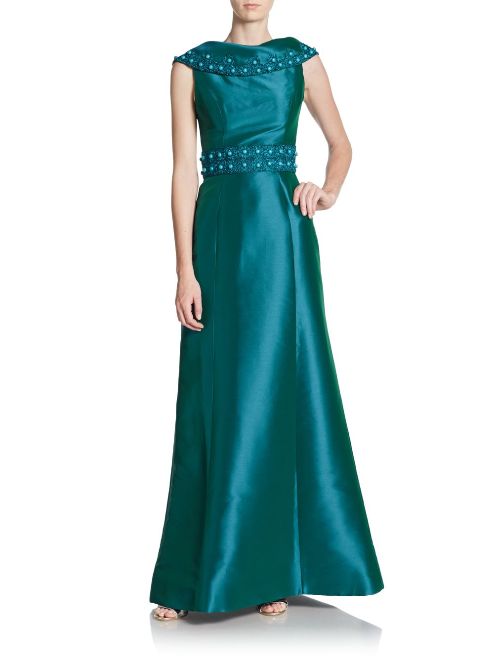 THEIA Beaded Shawl Collar Dress in Teal (Blue) Lyst