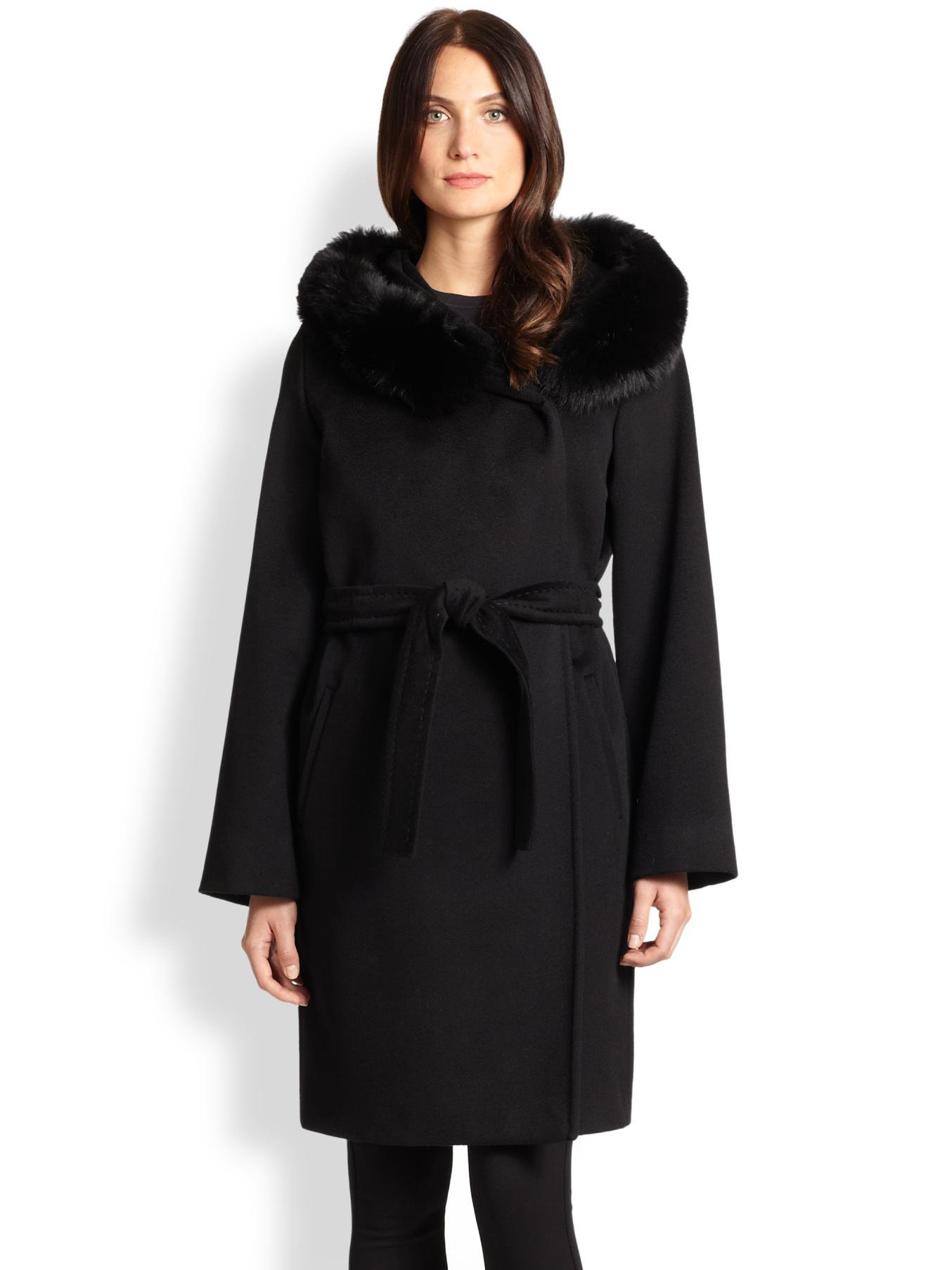 Max mara studio Fur-Trim Cashmere Wrap Coat in Black | Lyst