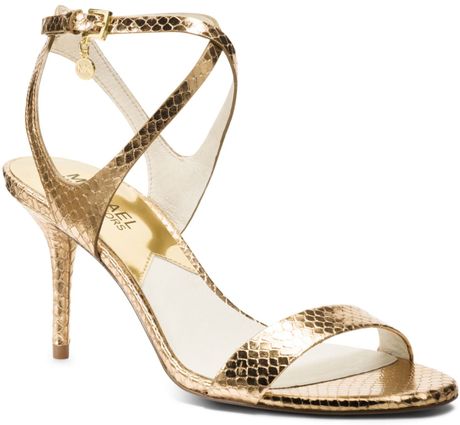 Michael Kors Kaylee Embossed-Leather Sandal in Gold (PALE GOLD)
