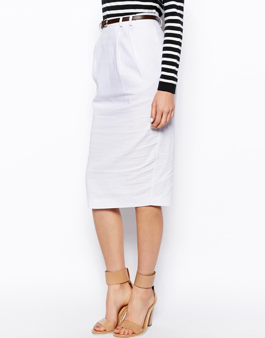 ASOS Linen Pencil Skirt with Belt in White - Lyst