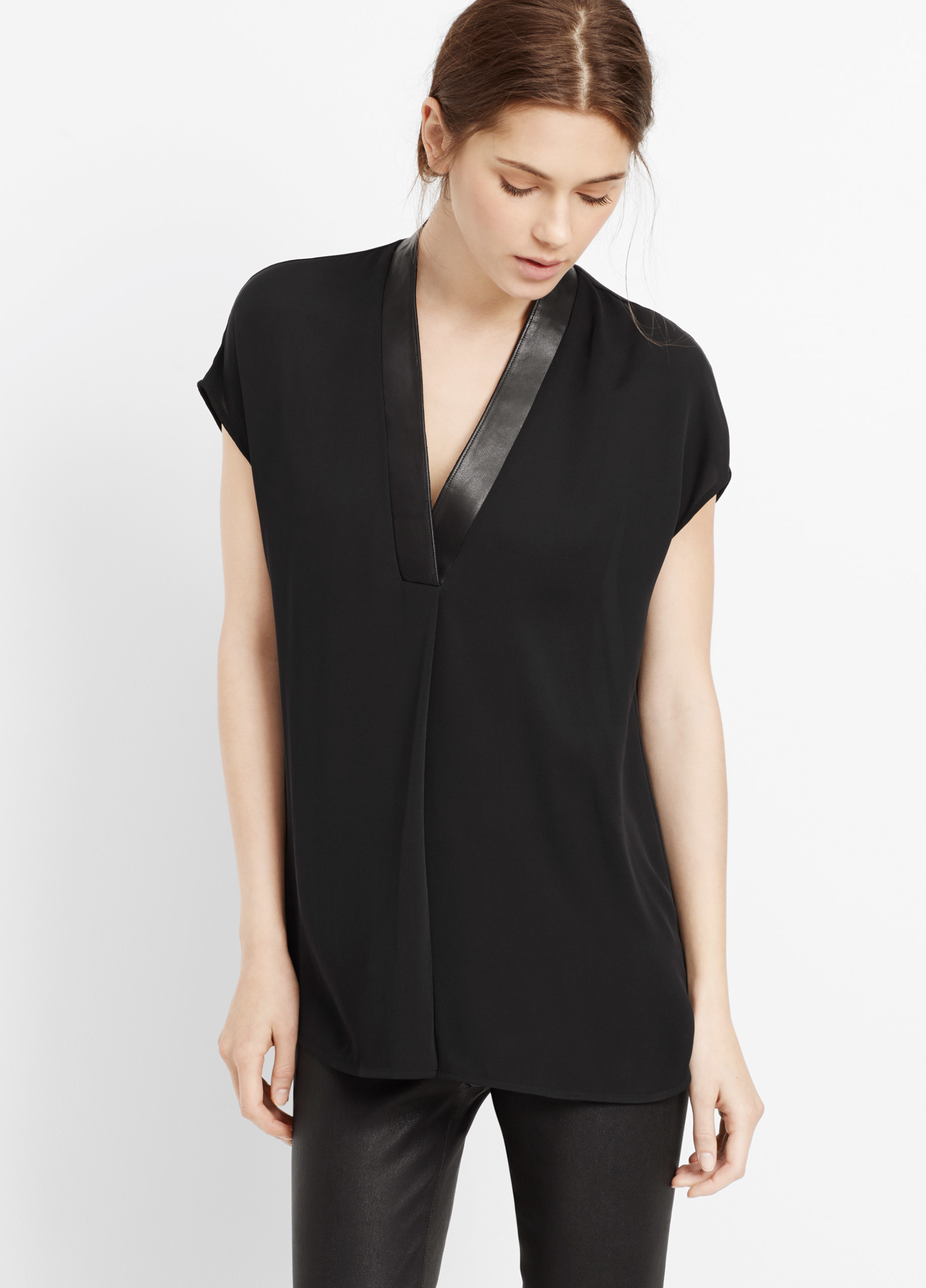 Vince Silk Cap Sleeve V-neck Top With Leather Trim in Black | Lyst
