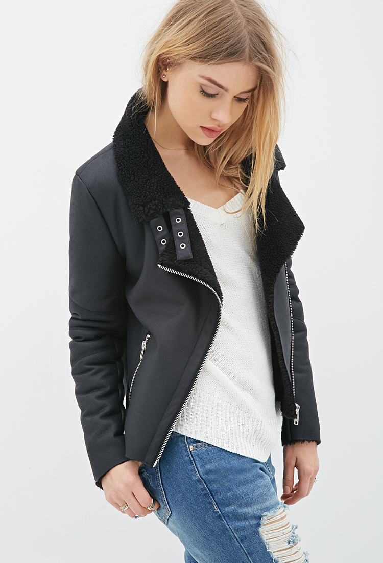 Forever 21 Faux Shearling Lined Moto Jacket In Black Lyst Gallery