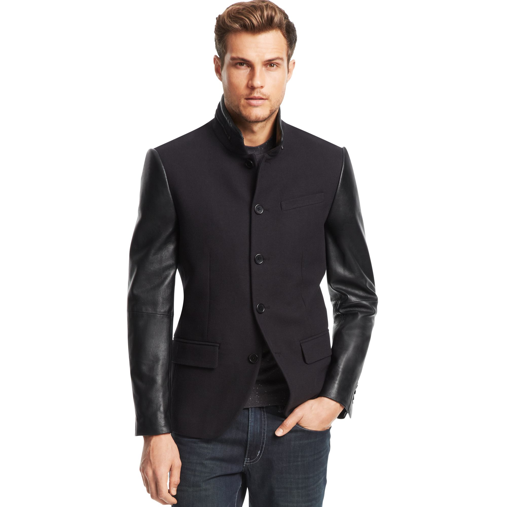 Kenneth Cole New York Neru Collar Leather Sleeve Blazer in Black for Men |  Lyst