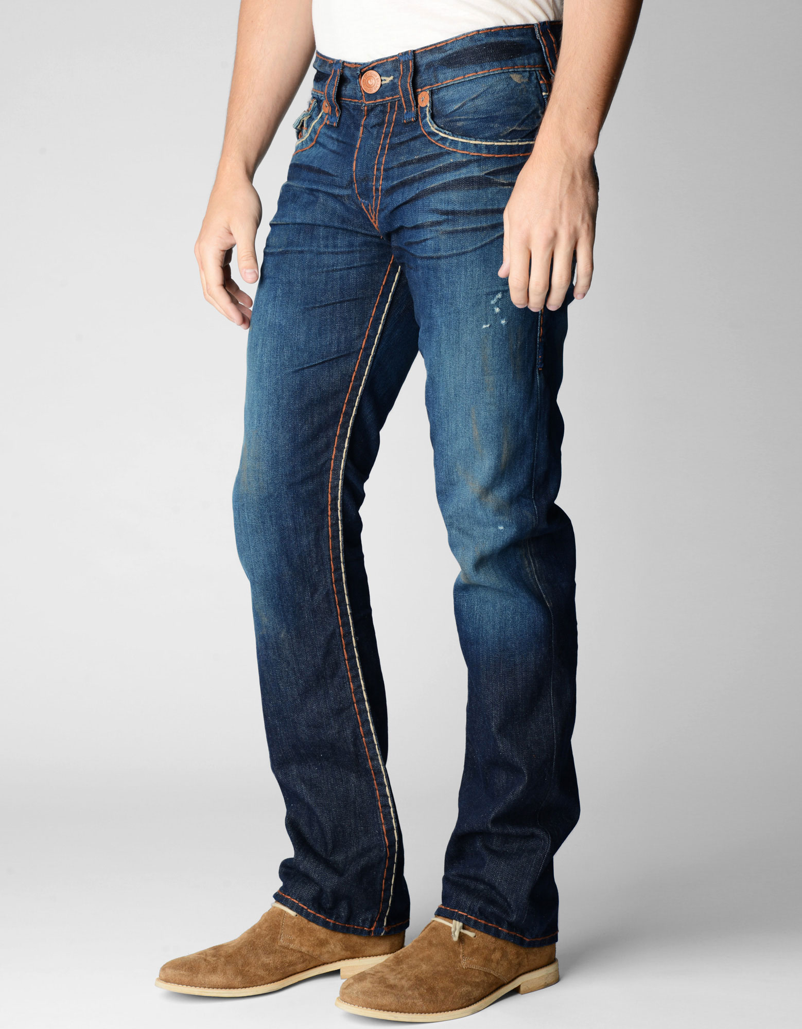 True Religion Ricky Straight Blue Brown Super T Stitch Mens Jean for